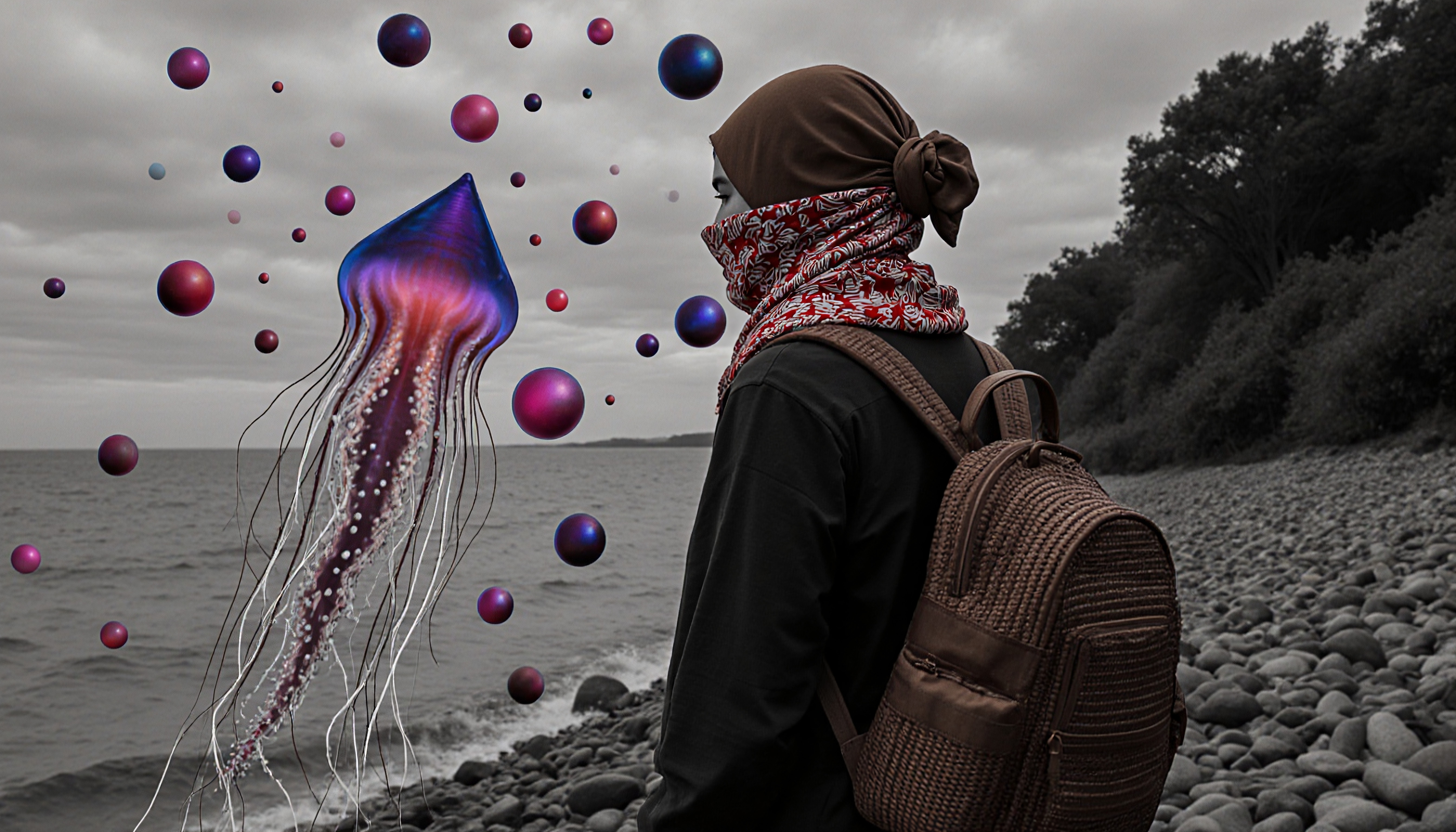 A person stands on a rocky shore with a surreal floating jellyfish.