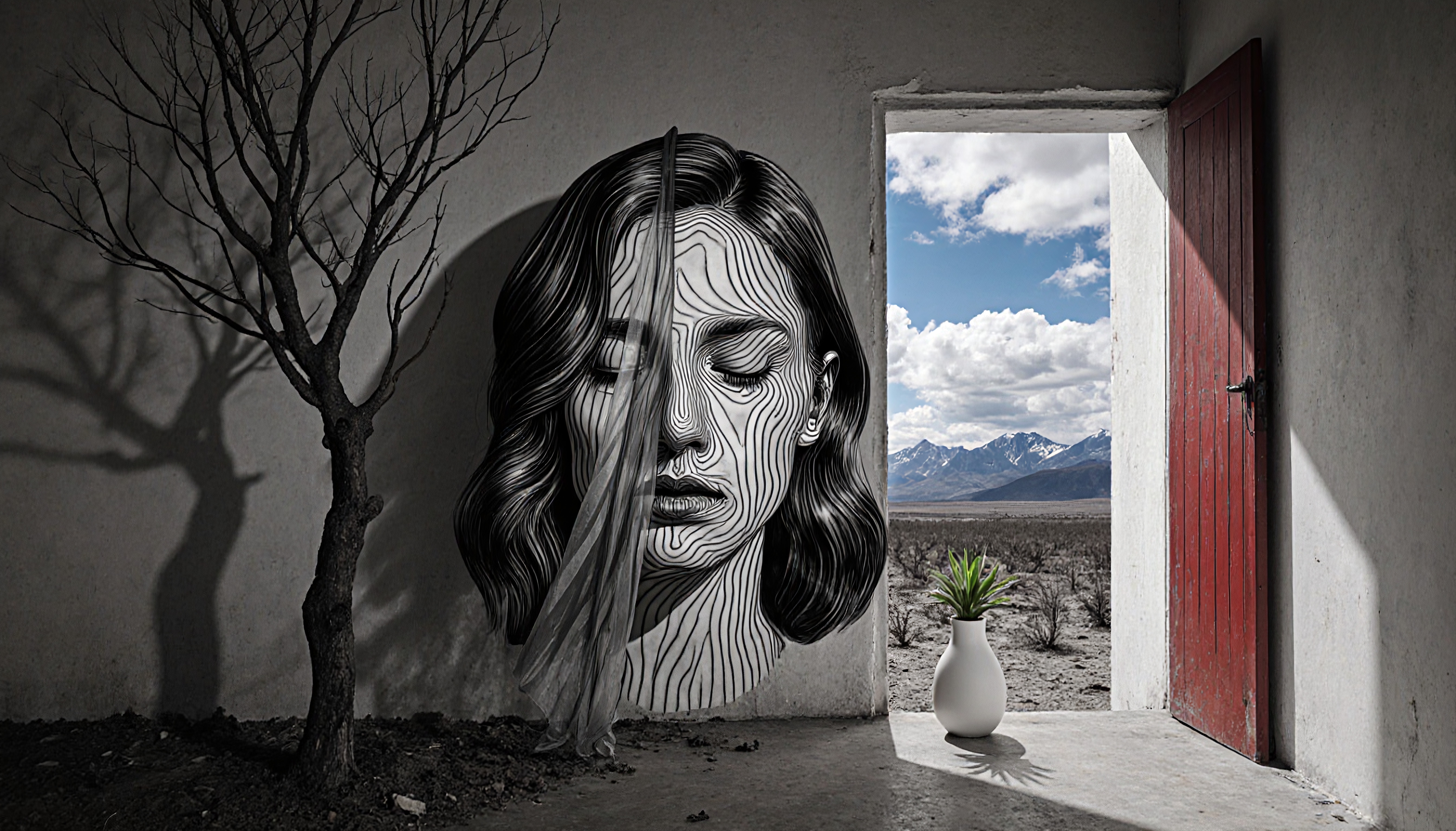 A monochrome portrait merges with a surreal landscape through an open doorway.