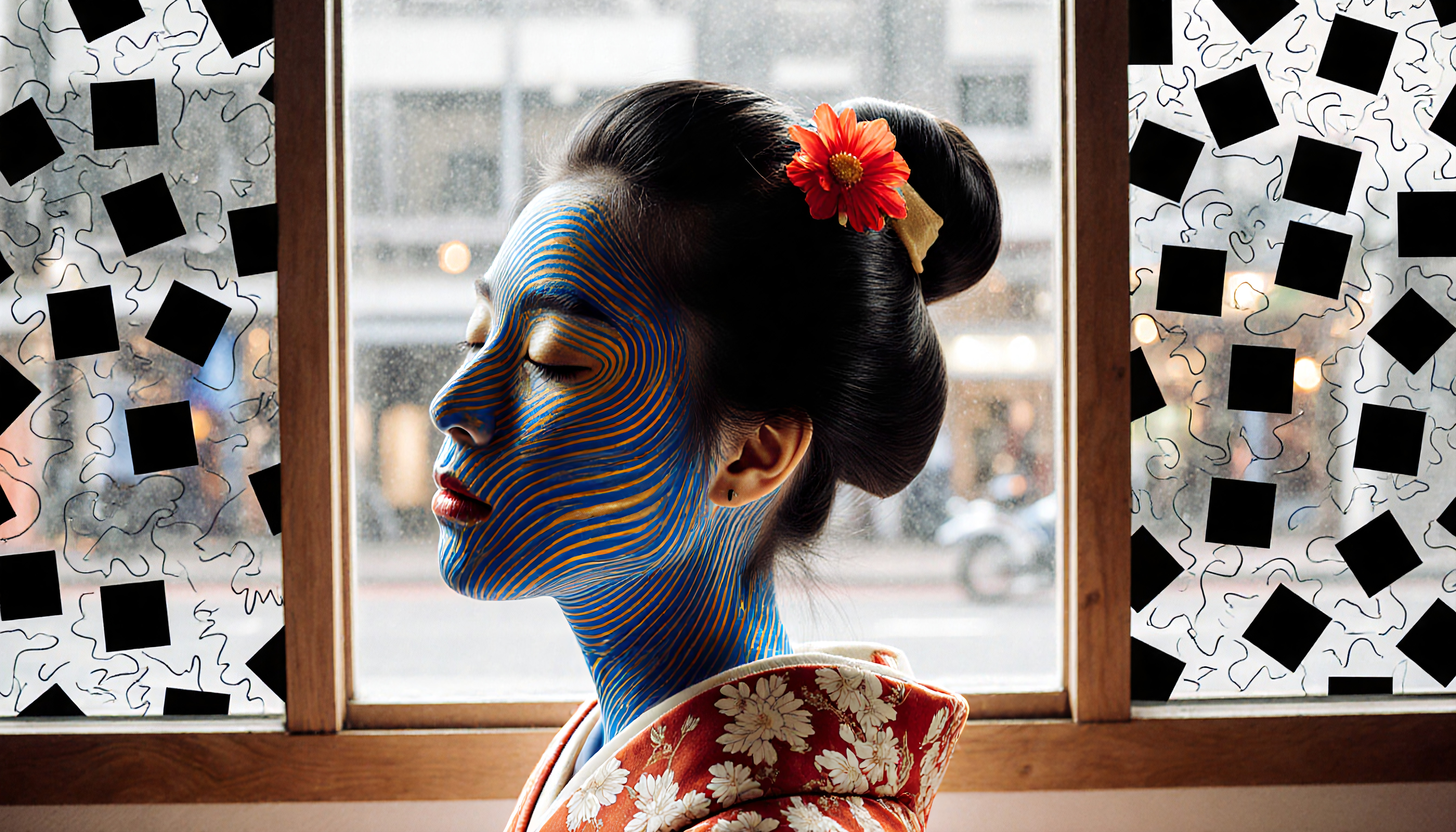 Portrait of a Woman with Artistic Face Paint Against a Window Ba