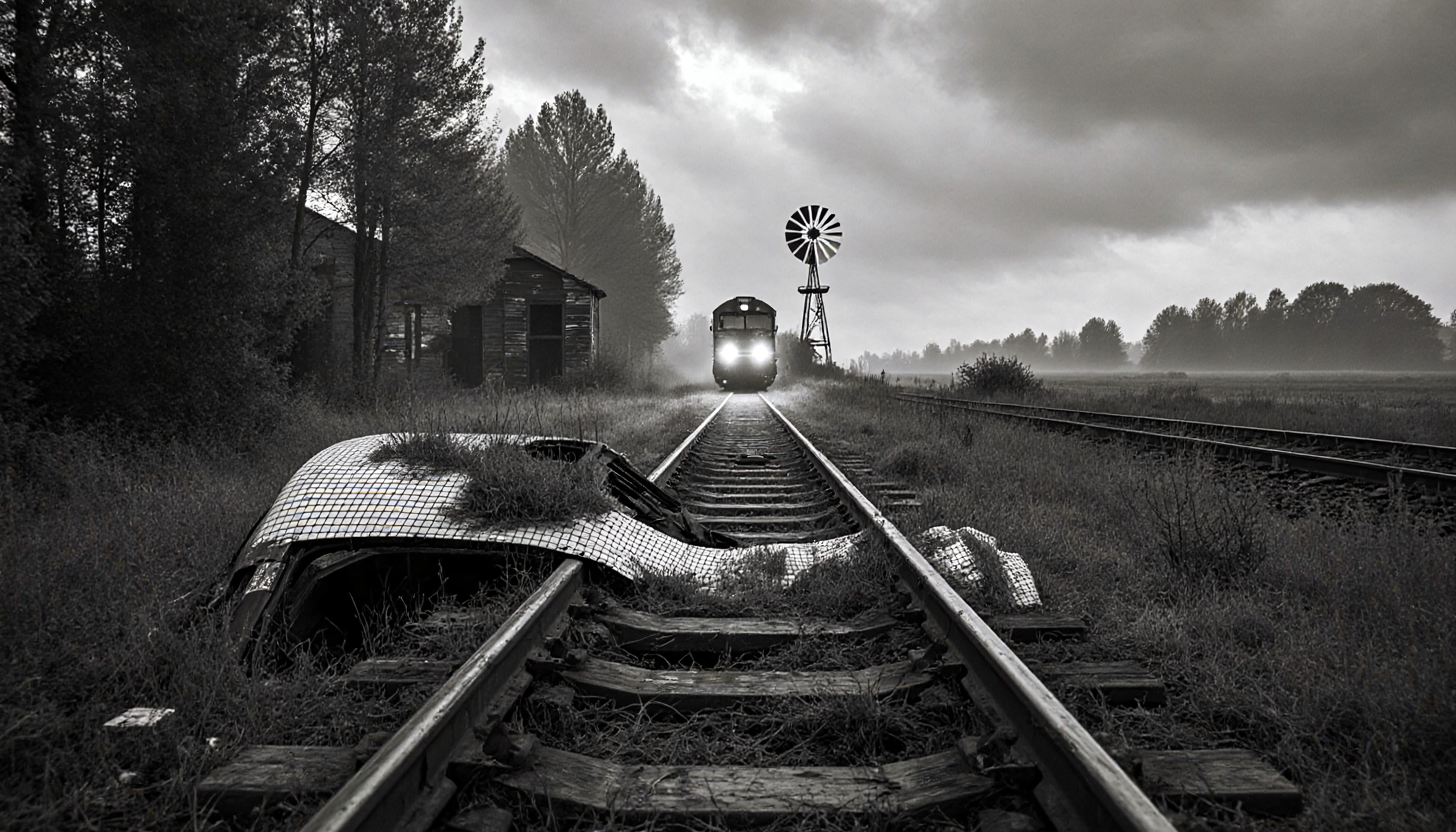 Desolate Railway Scene with Approaching Train and Abandoned Farm