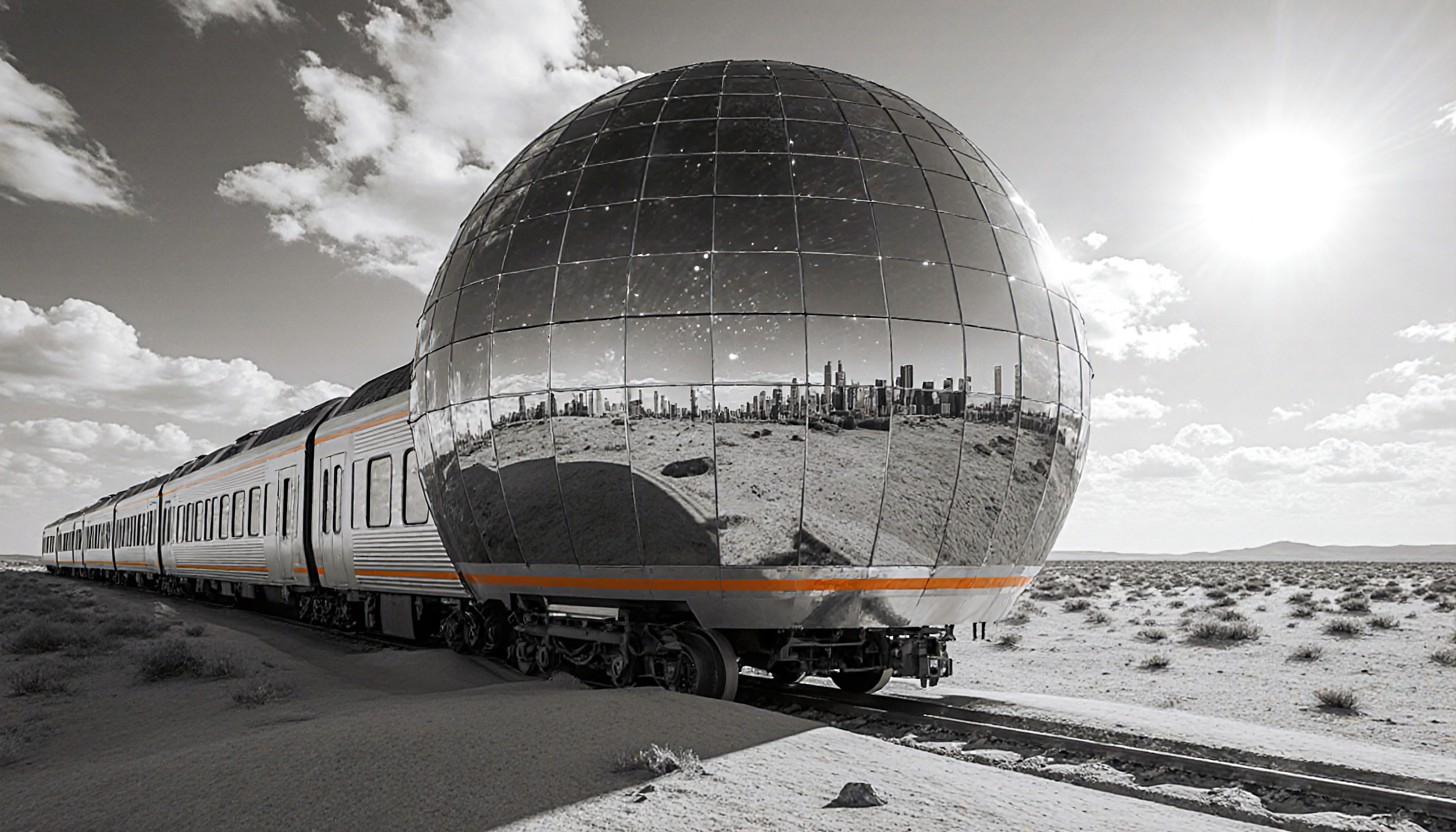 Futuristic silver train reflecting city in desert mirage