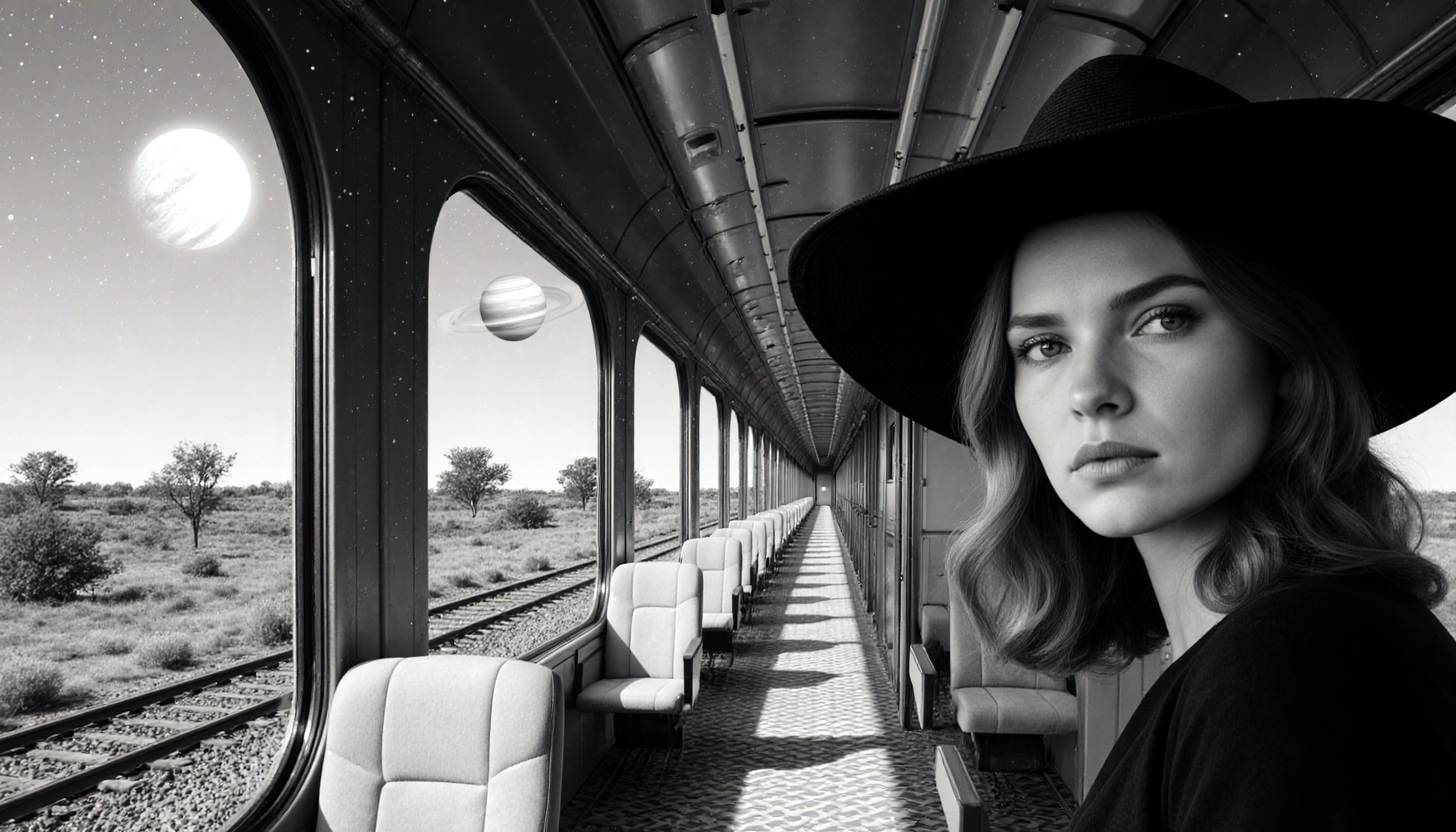 Woman in hat stares calmly aboard surreal cosmic train passing planets outside windows