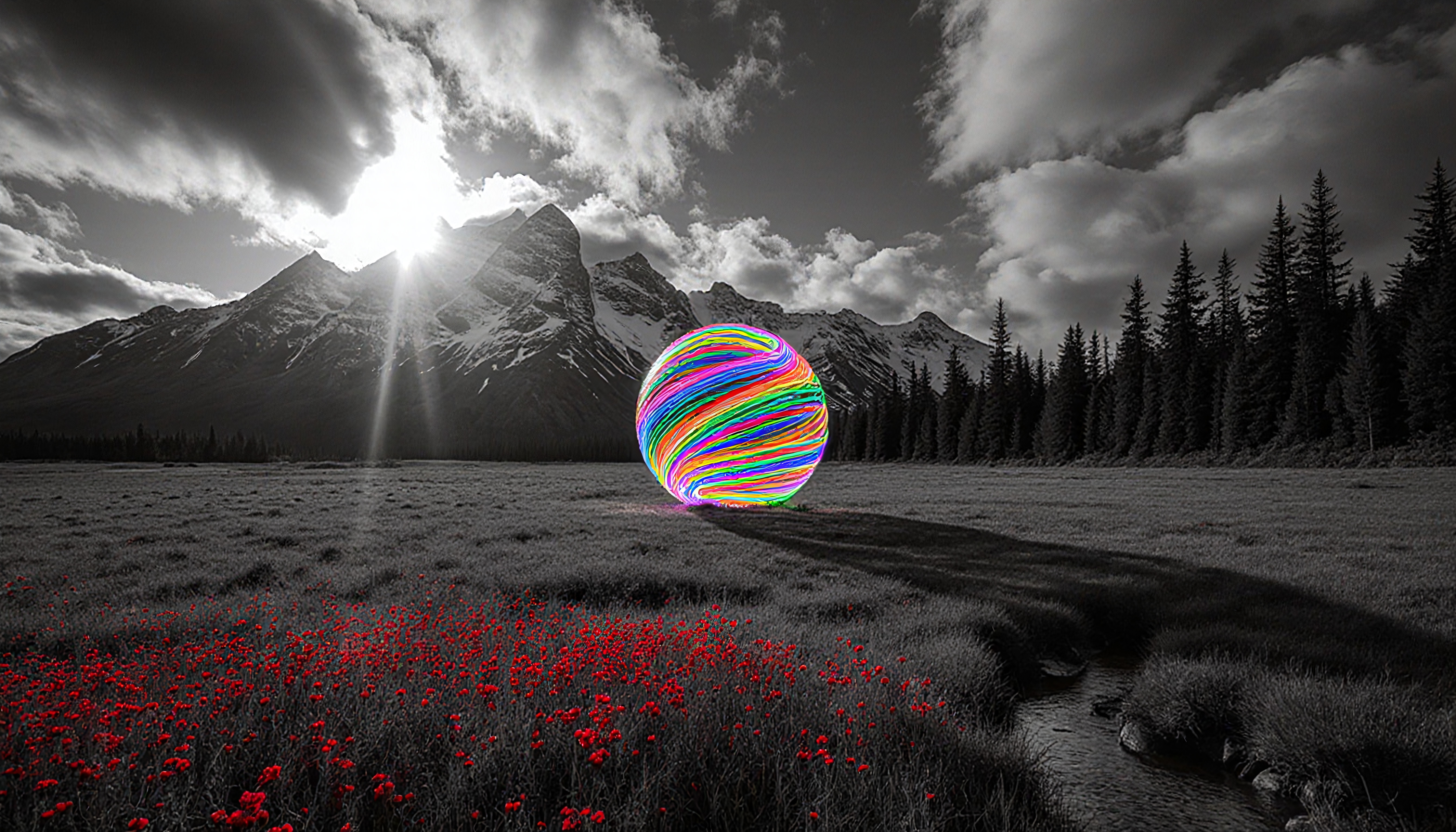 A multicolored sphere floats in a black and white mountain landscape with red flowers.