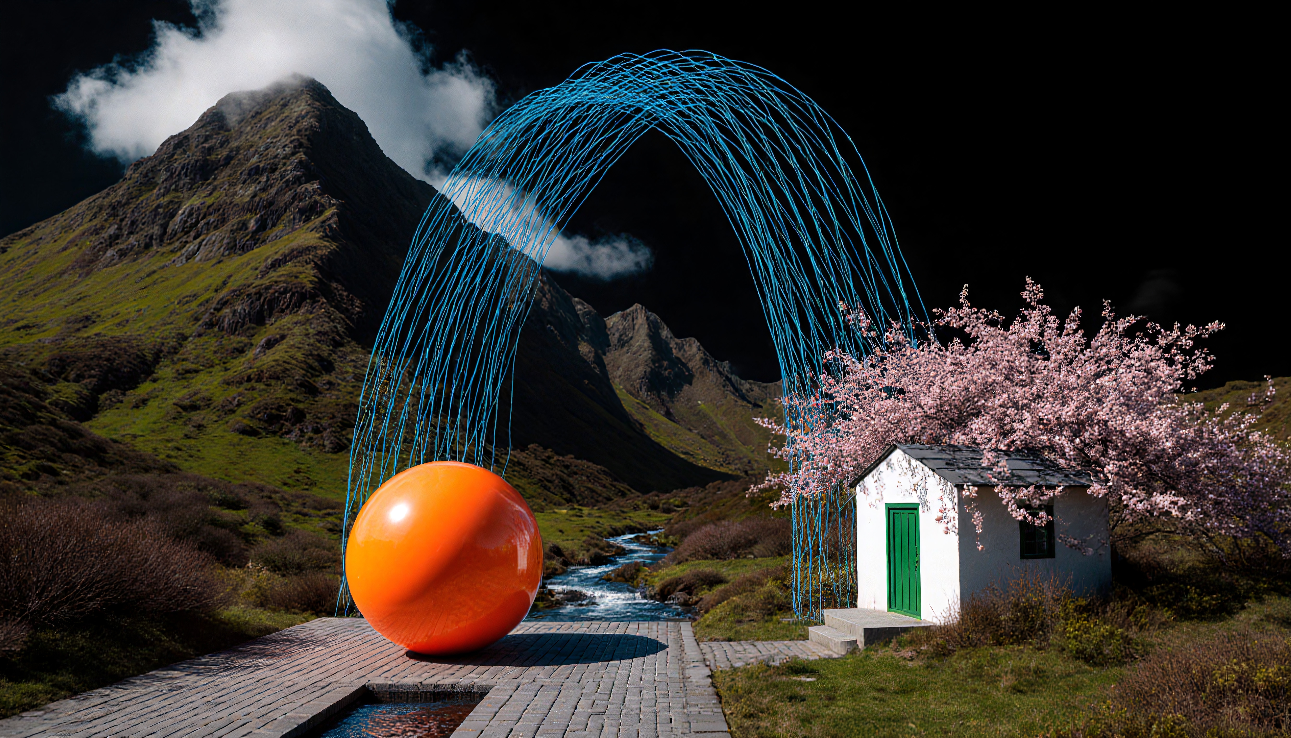 Surreal Mountain Landscape with Blue Wire Arch, Orange Sphere, a