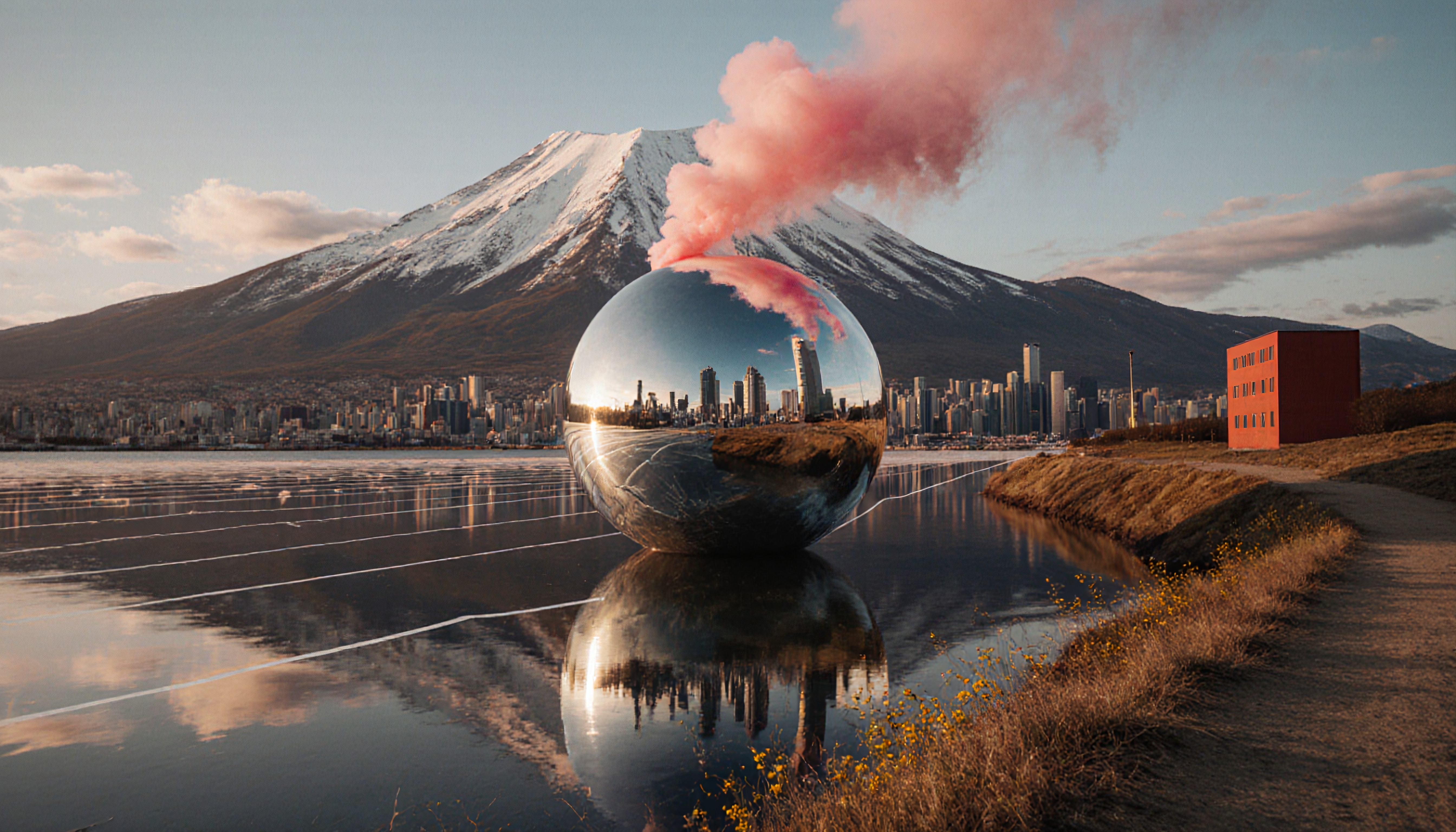 Reflective sphere with city reflection against mountain backdrop.