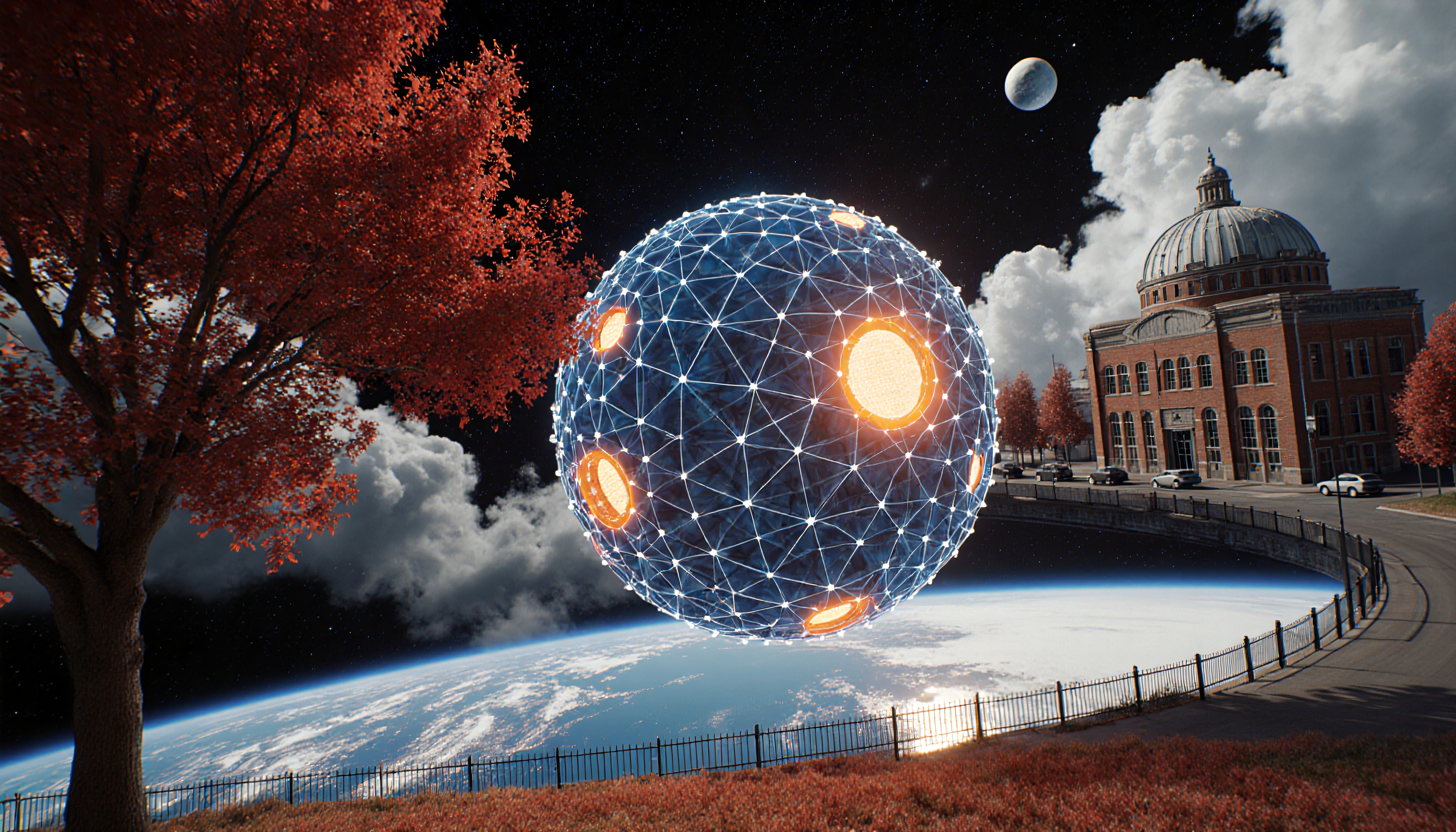 Futuristic glowing sphere above Earth with classical architecture.