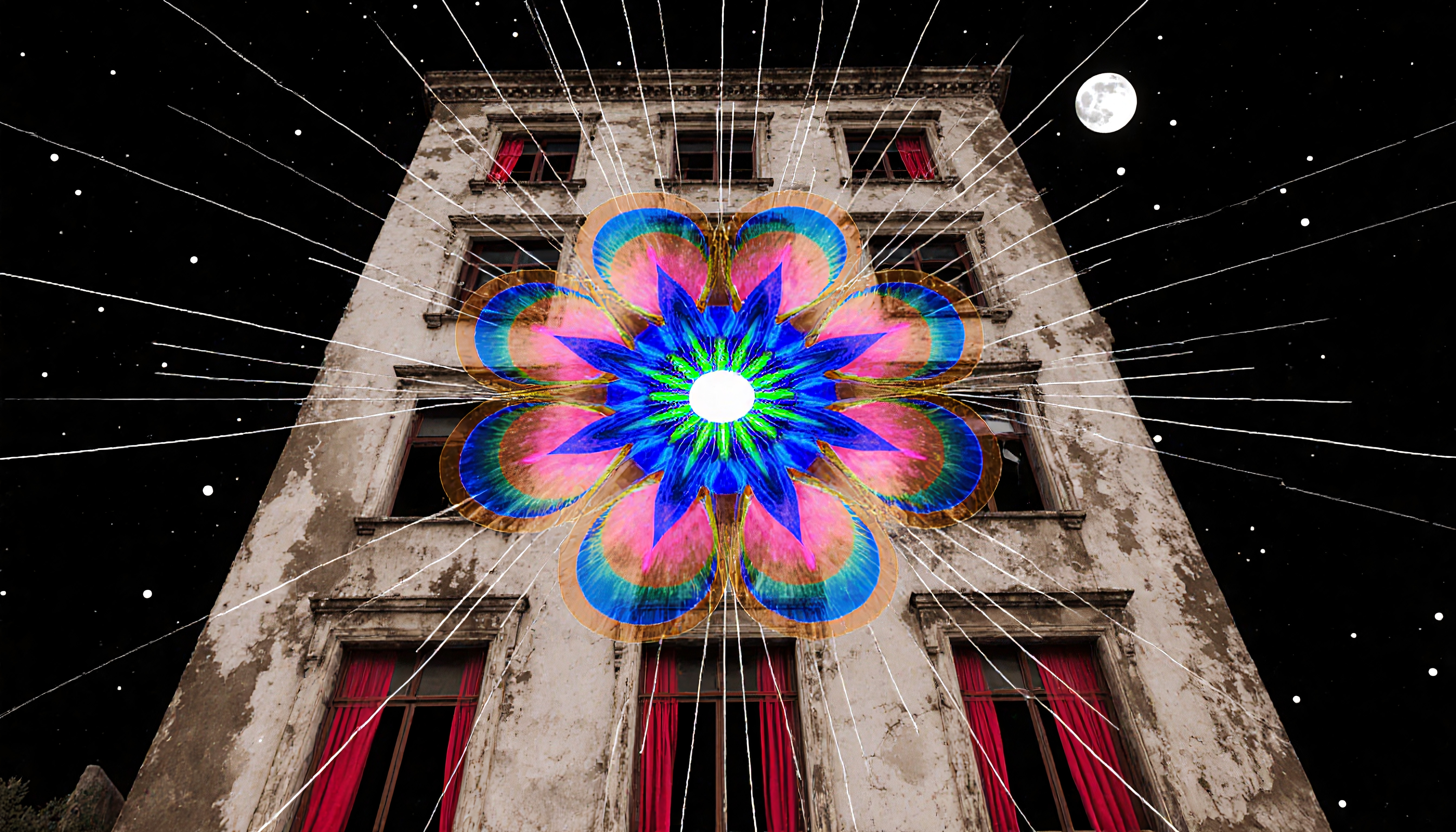 A surreal image of a colorful mandala design superimposed on a vintage building against a starry night sky.