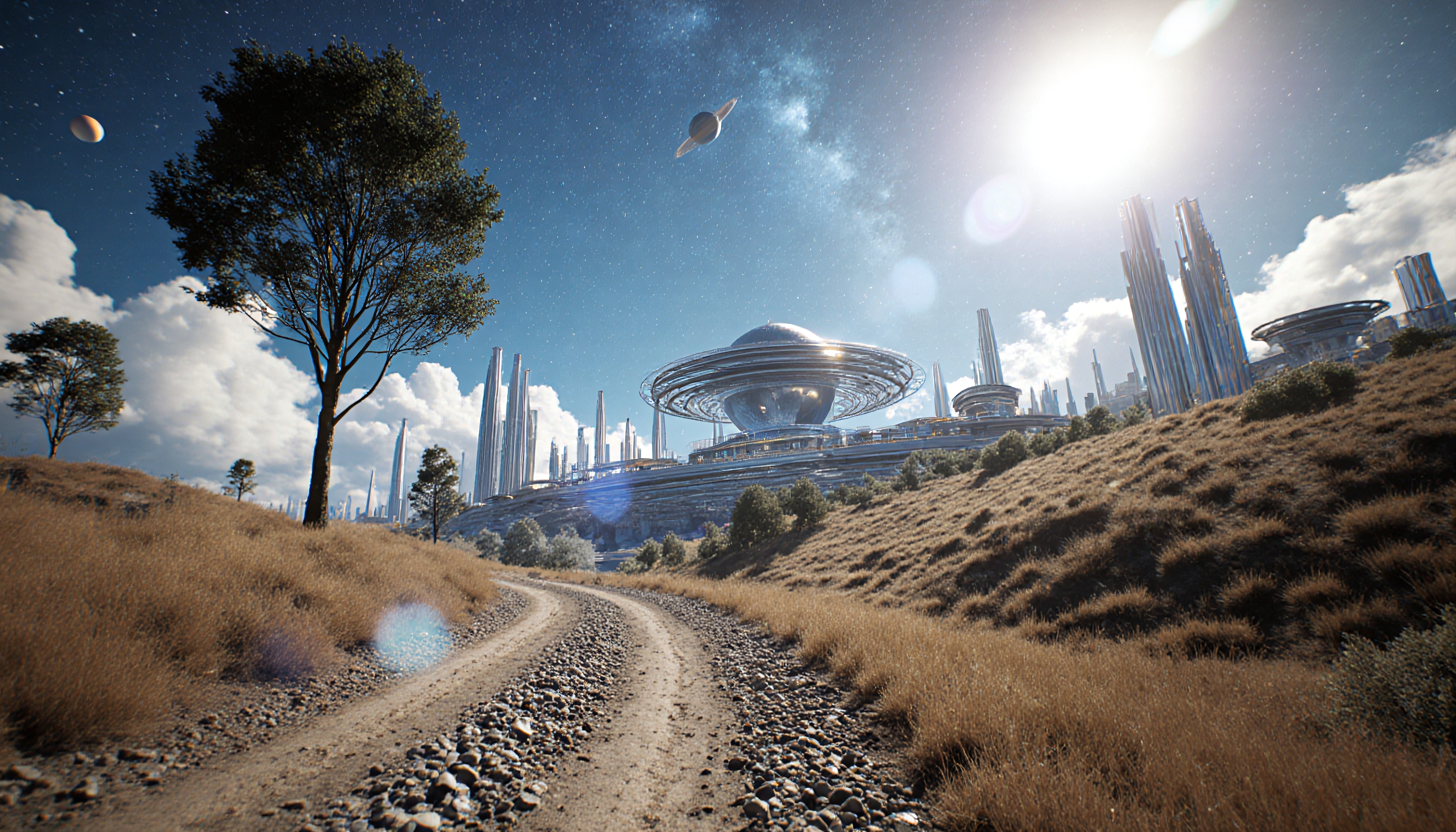 A futuristic city with advanced architecture against a natural landscape under a bright celestial sky.
