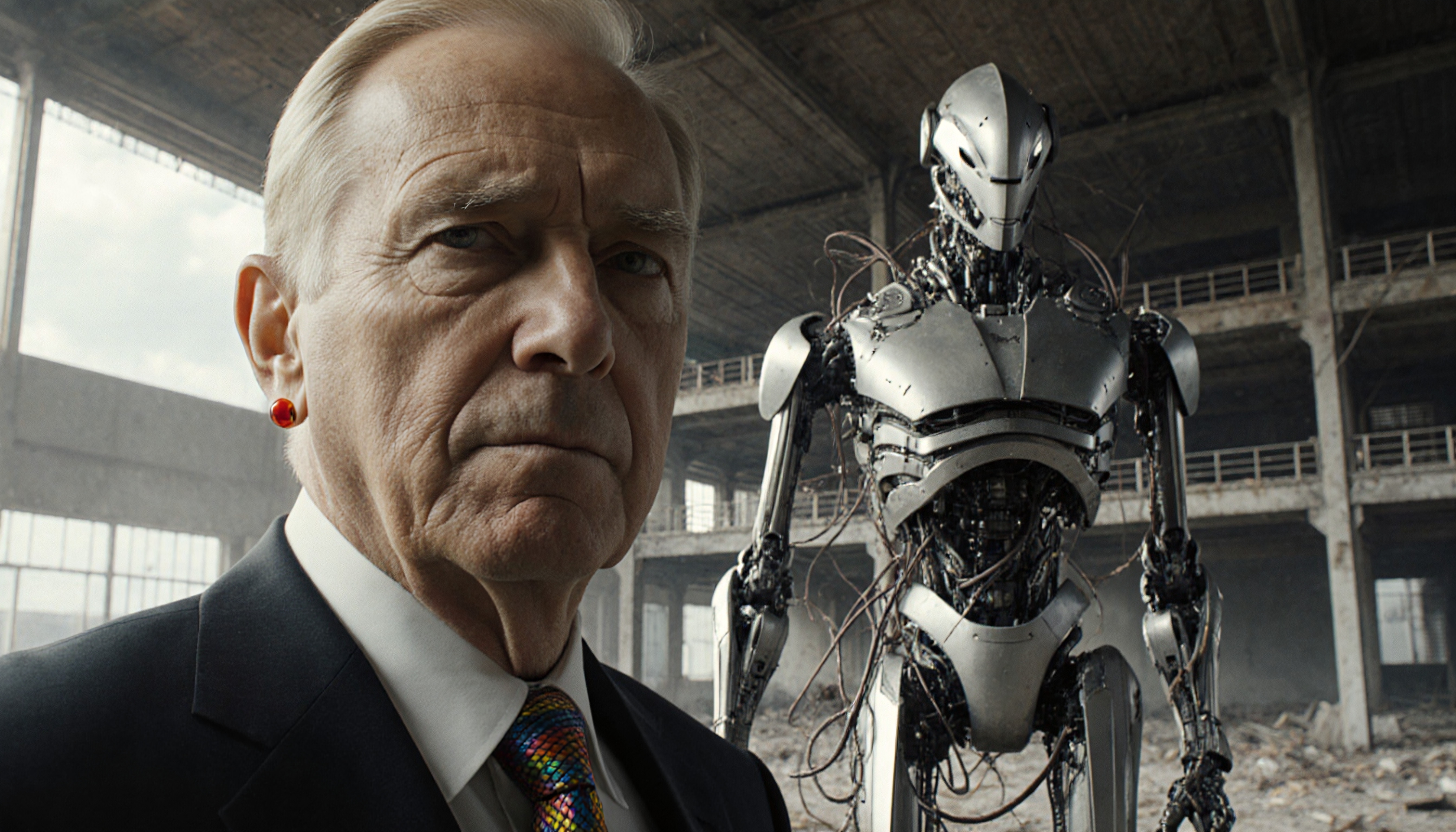 An elderly man in a suit stands before a humanoid robot in an abandoned warehouse, juxtaposing humanity and advanced technology.