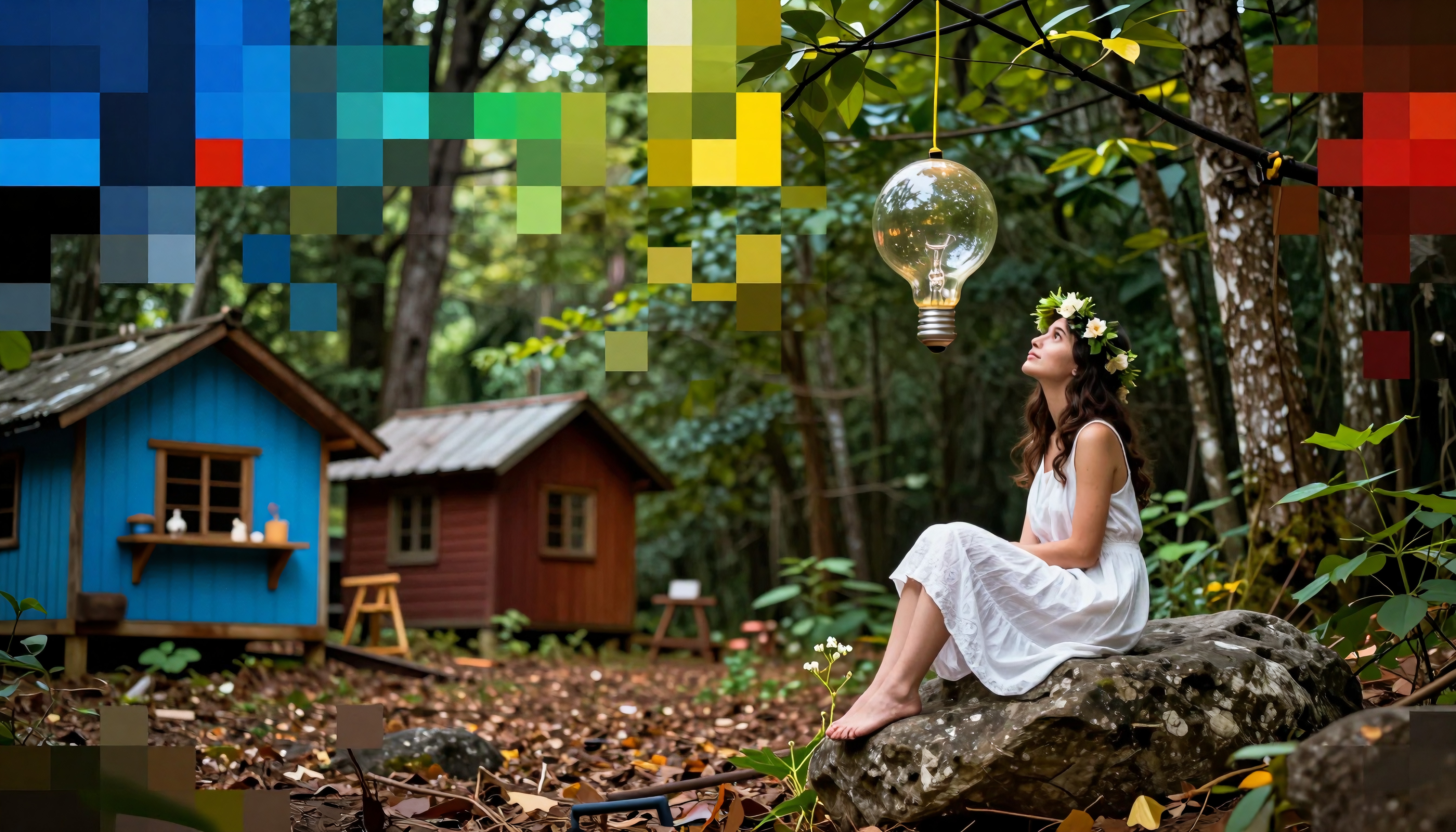 A young woman in a white dress with a floral crown sits on a rock in a forest, gazing at a hanging light bulb, against a backdrop of cabins and pixelated colors.