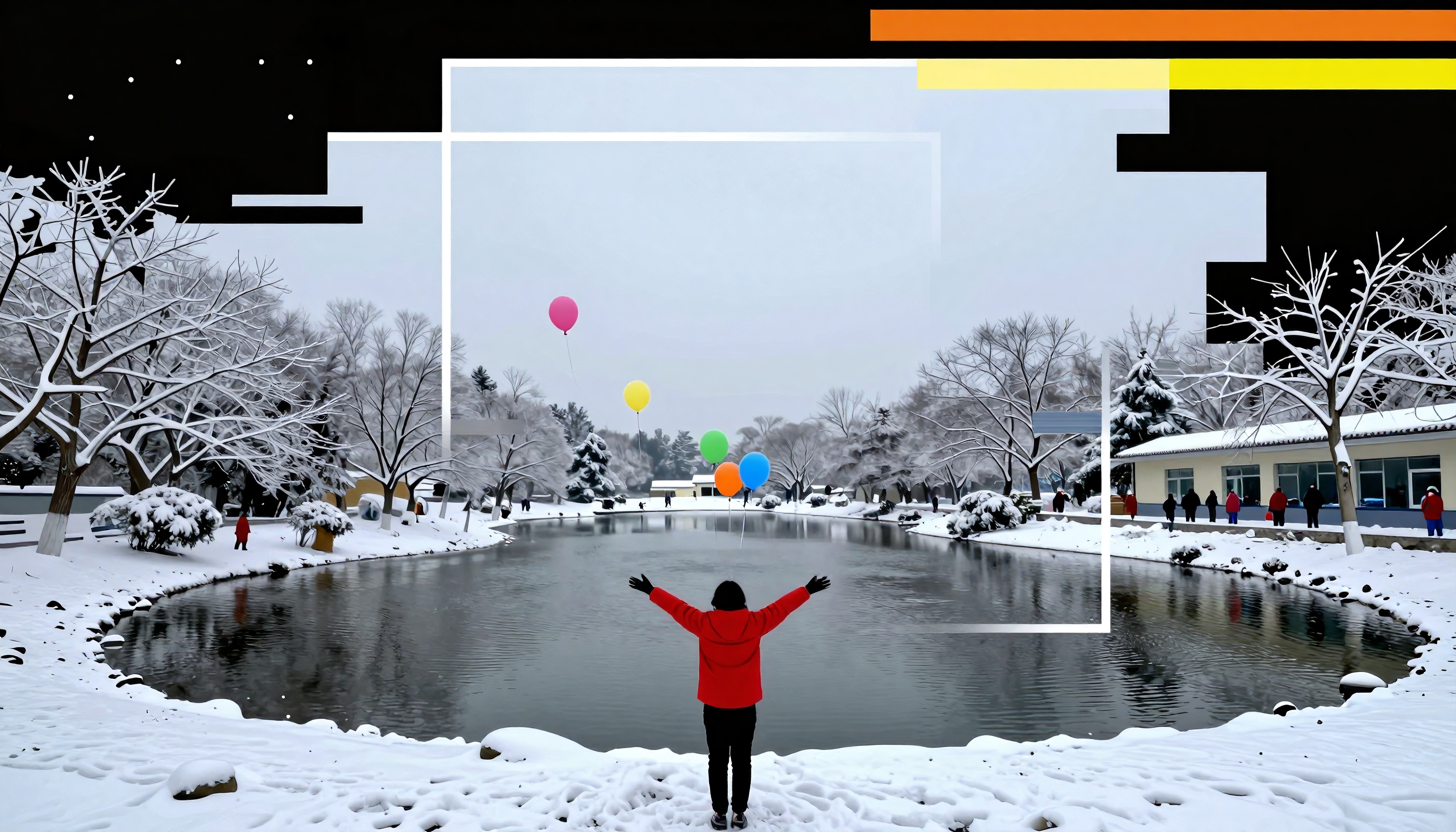 A person in a red jacket stands by a snowy lake with colorful balloons and a geometric art overlay in a winter landscape.