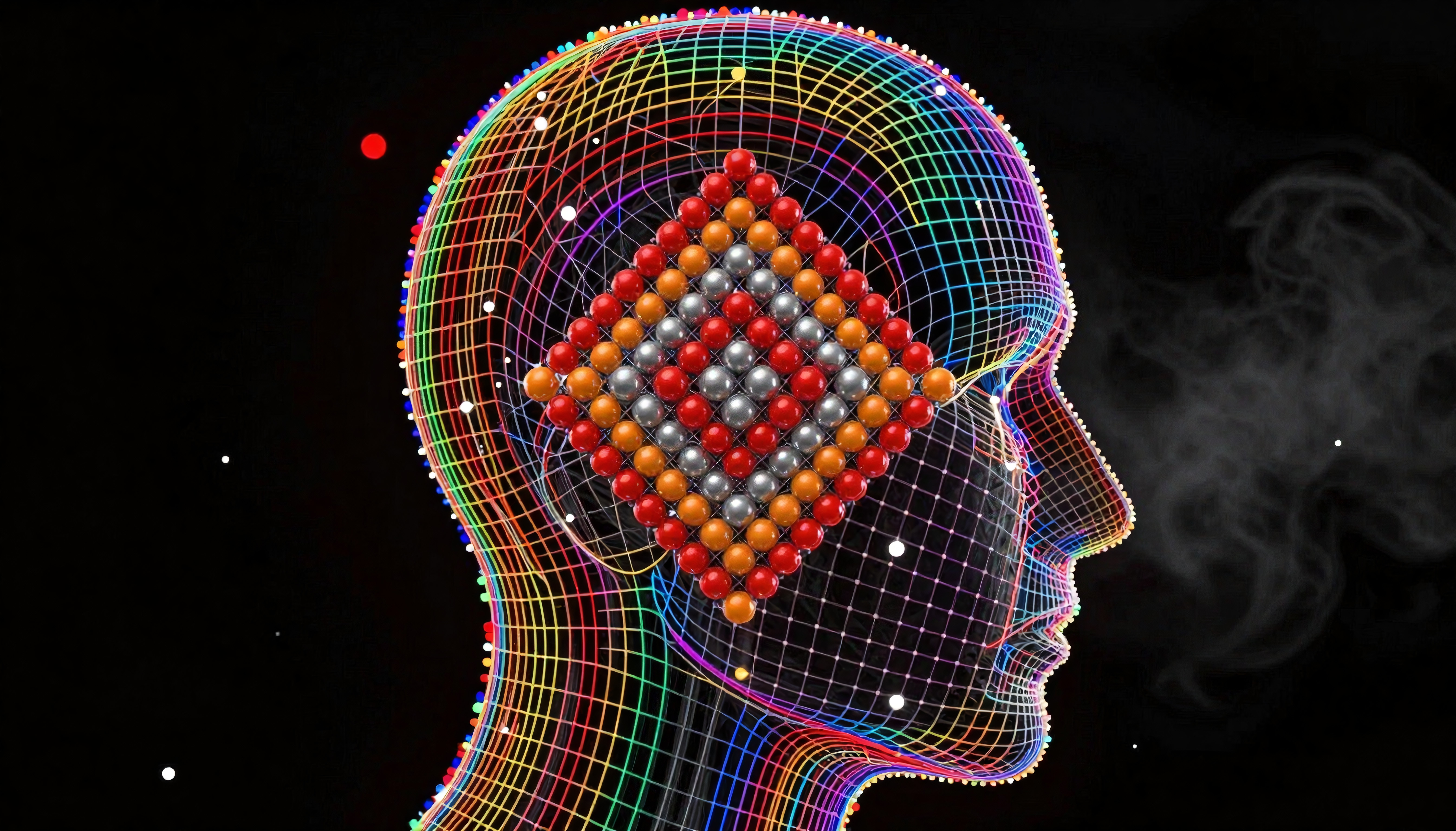 Digital Wireframe Human Head with Geometric Sphere Array