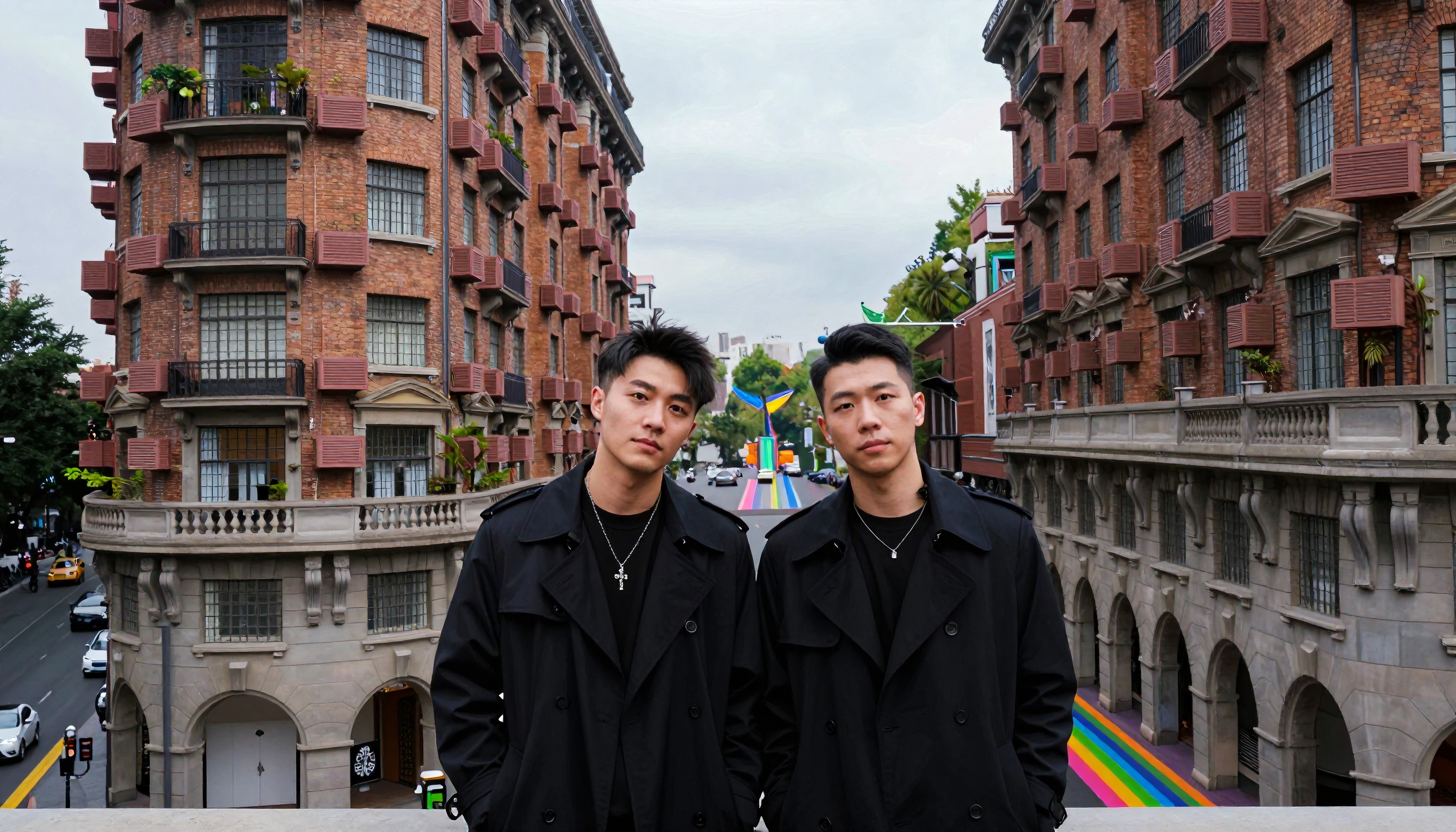 Two young men in black coats stand between brick buildings against a backdrop of urban architecture and street art.