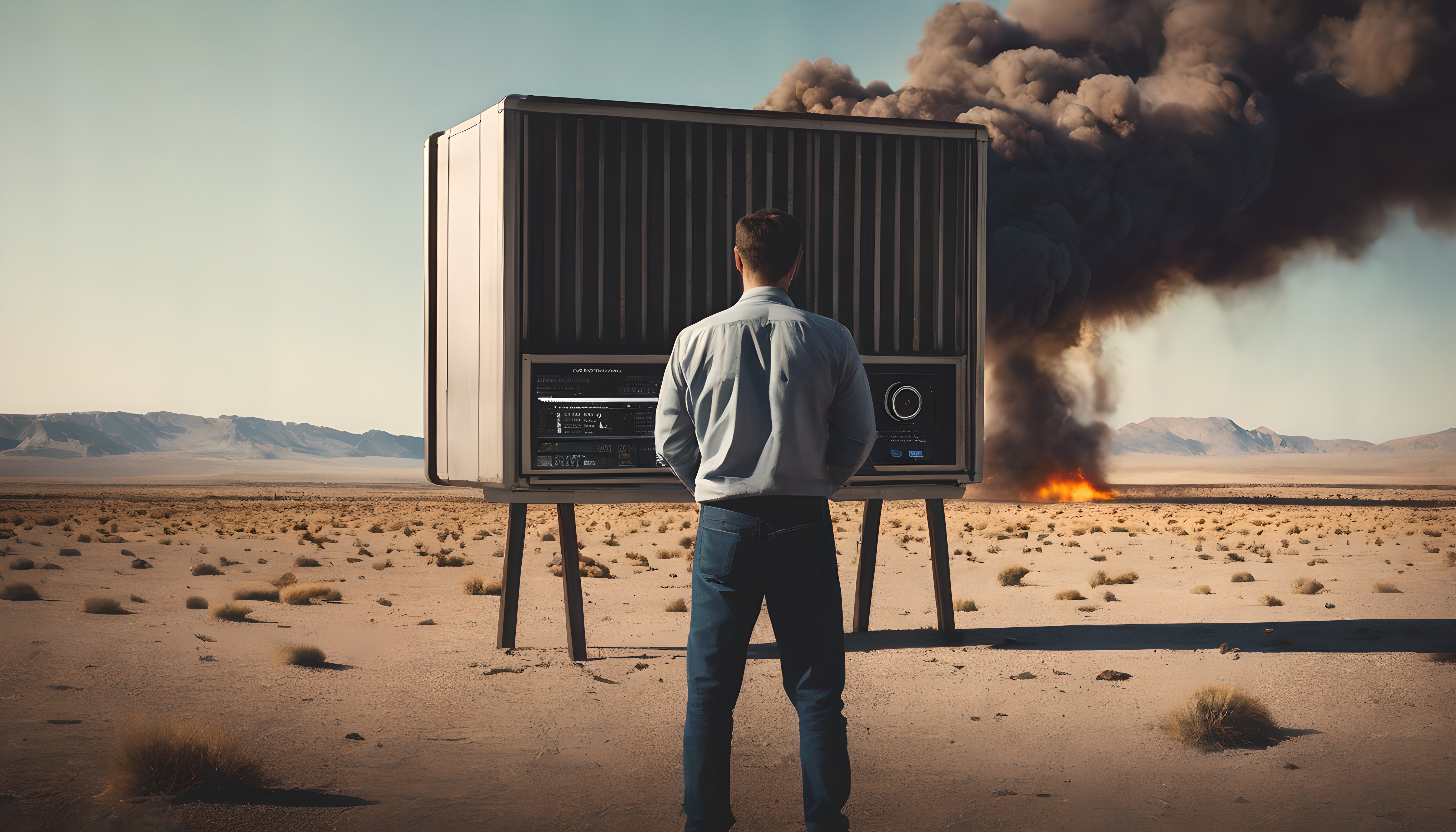 A man stands before a futuristic console in a desert with an explosion in the distance.