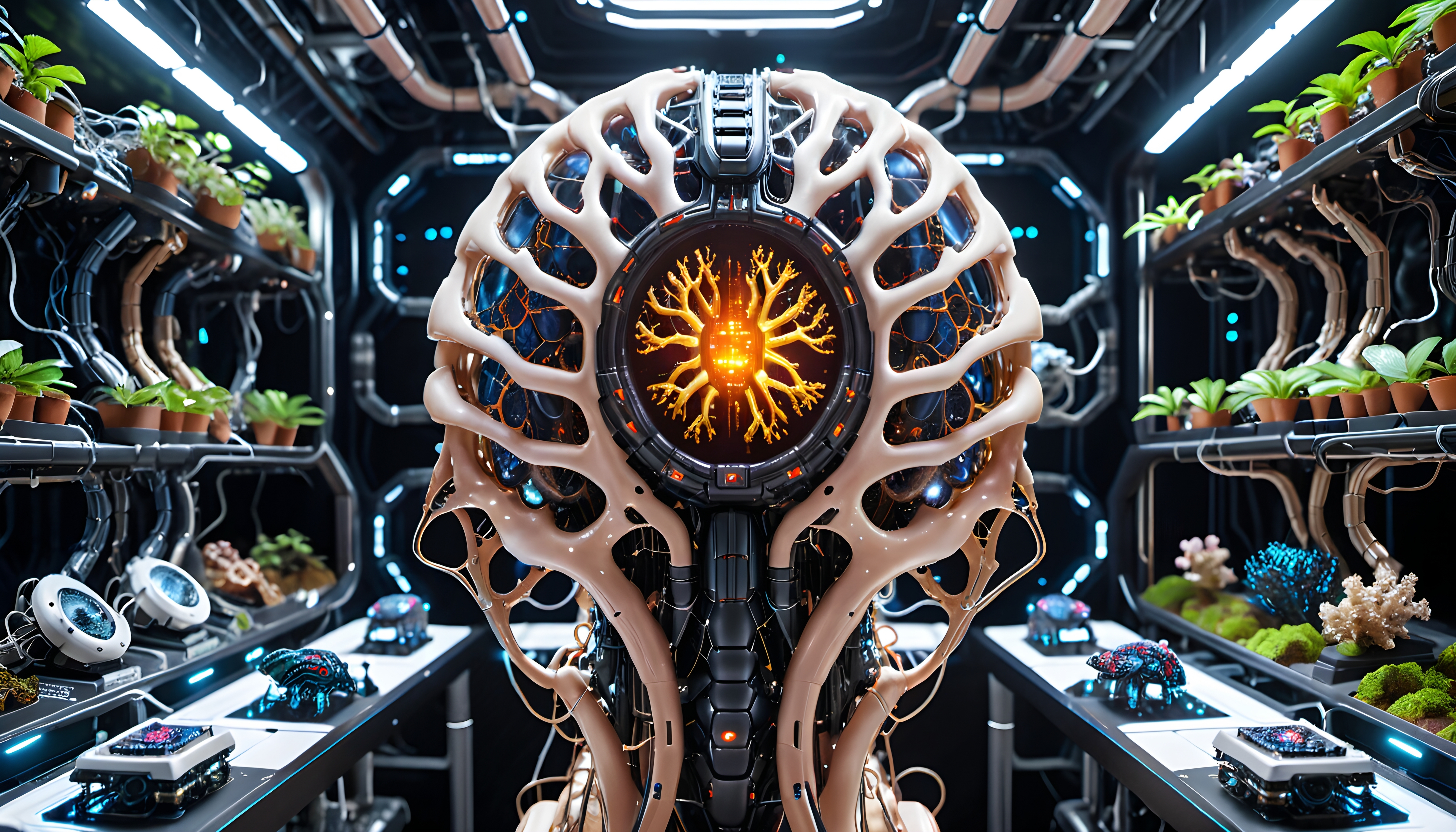 A futuristic laboratory blends organic structures with high-tech machinery.