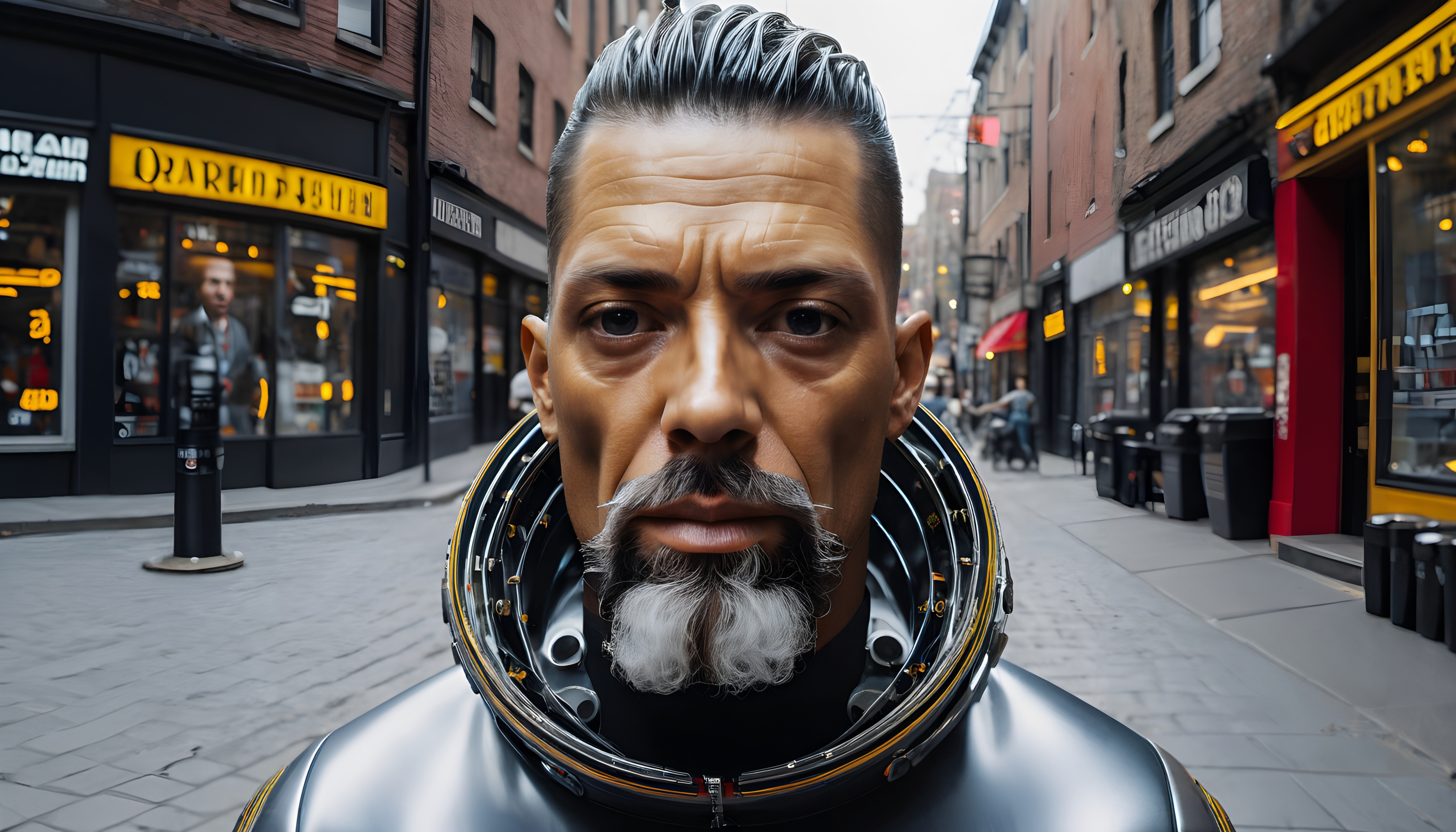 Close-up portrait of a man in a futuristic suit, standing in a lively urban street setting with modern buildings and yellow signage.