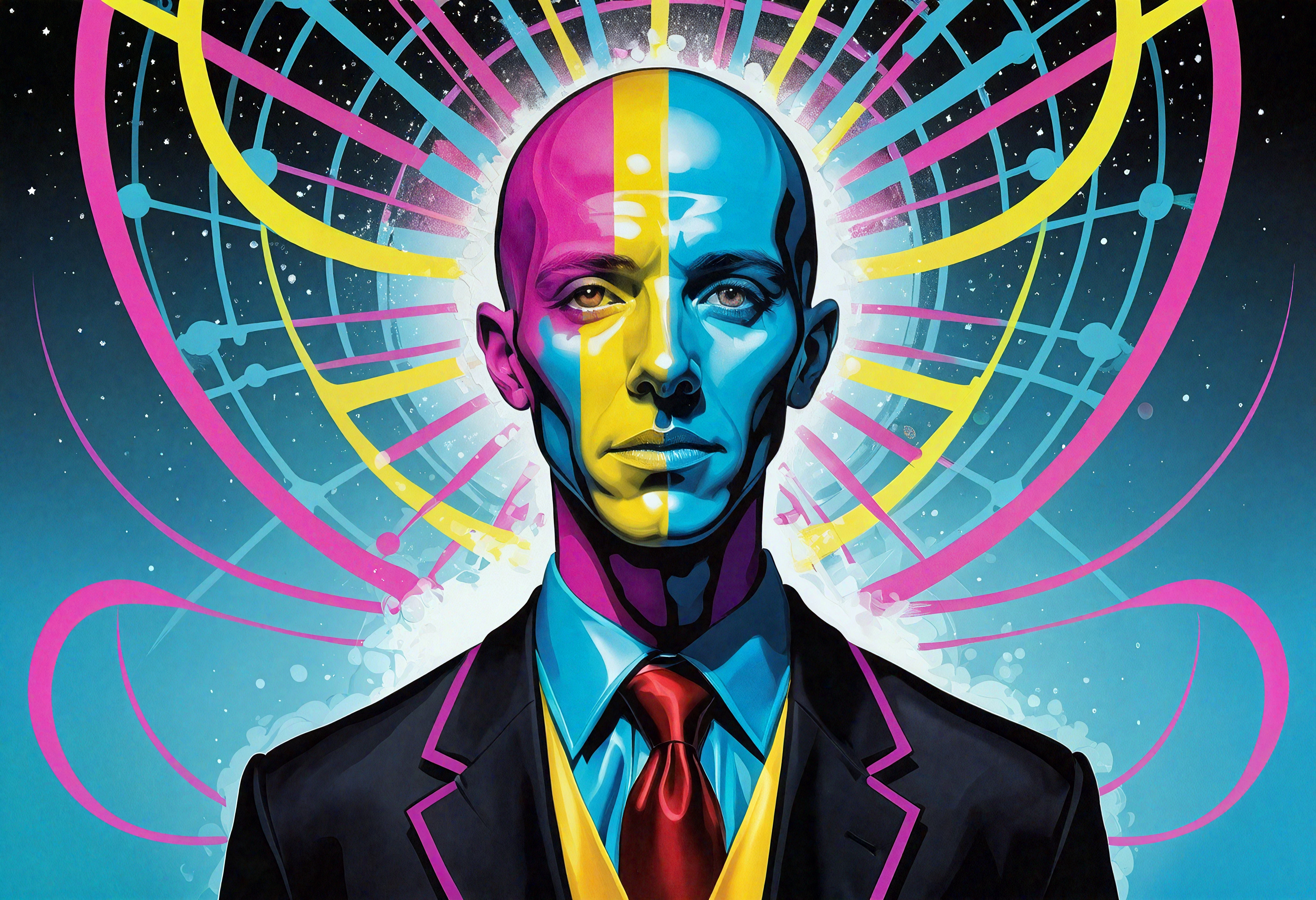 A surreal and colorful digital portrait of a man with neon swirling lines.