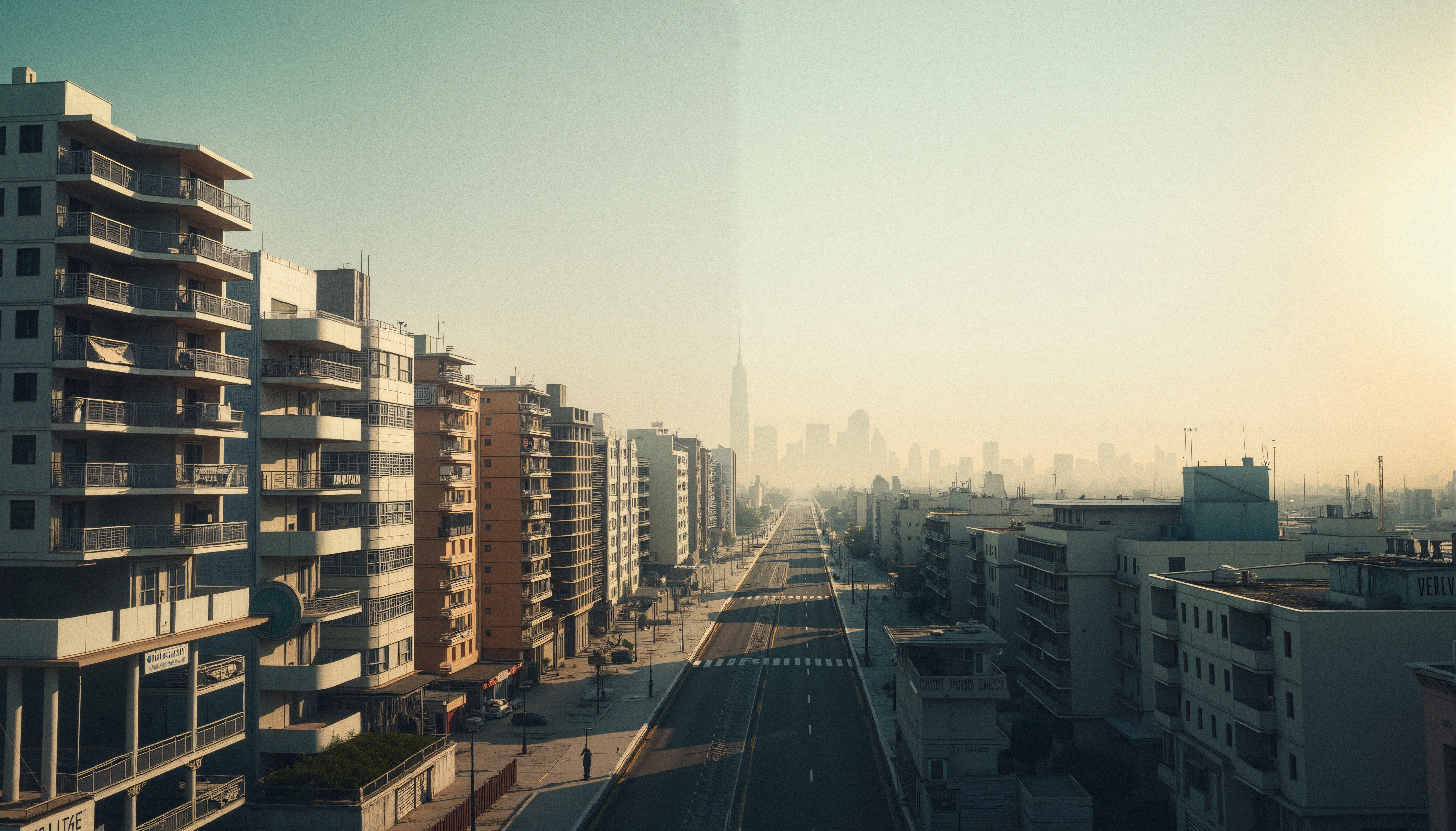 Urban Avenue with Mid-Rise Residential Towers and Distant Skyscr