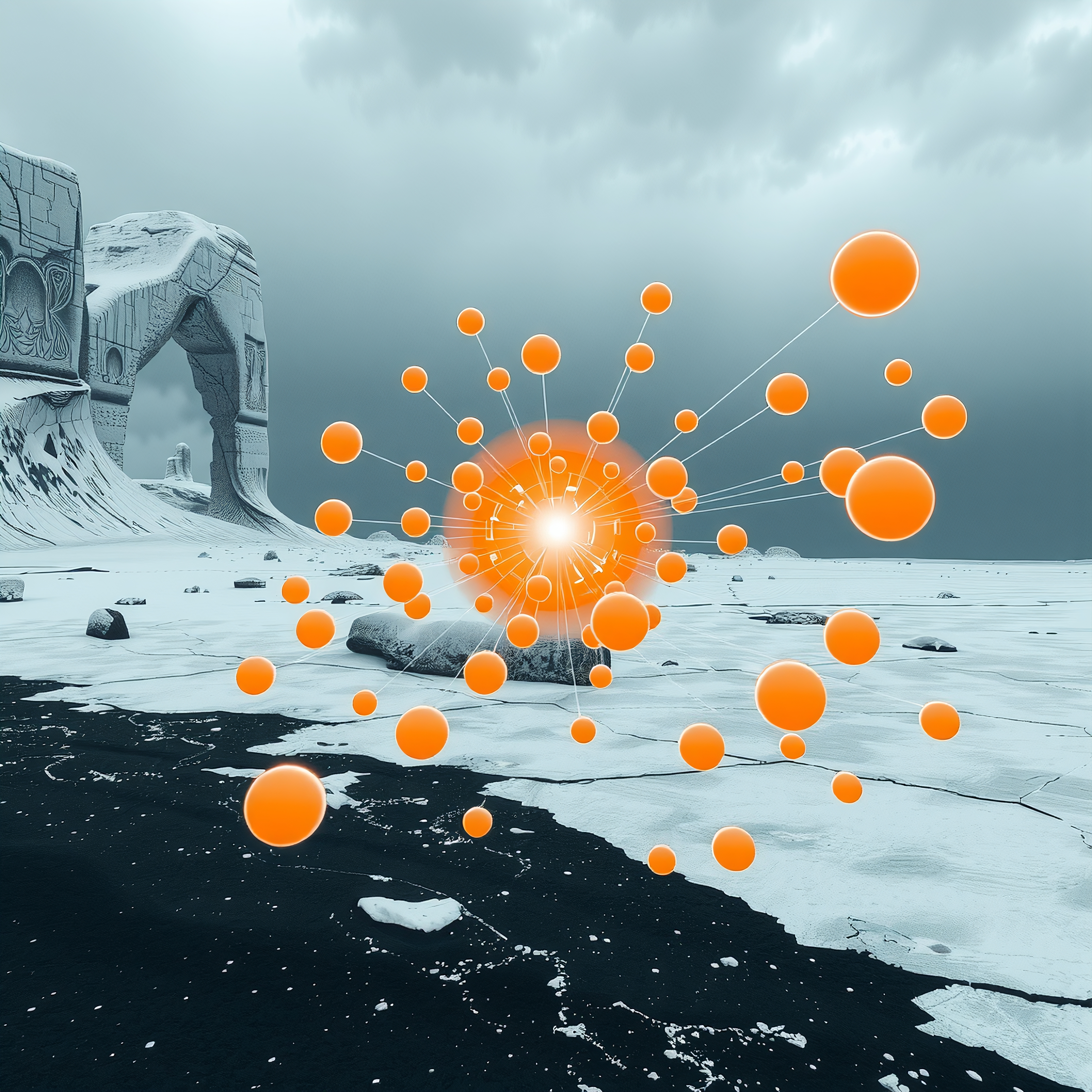 Futuristic network of glowing spheres over icy landscape.