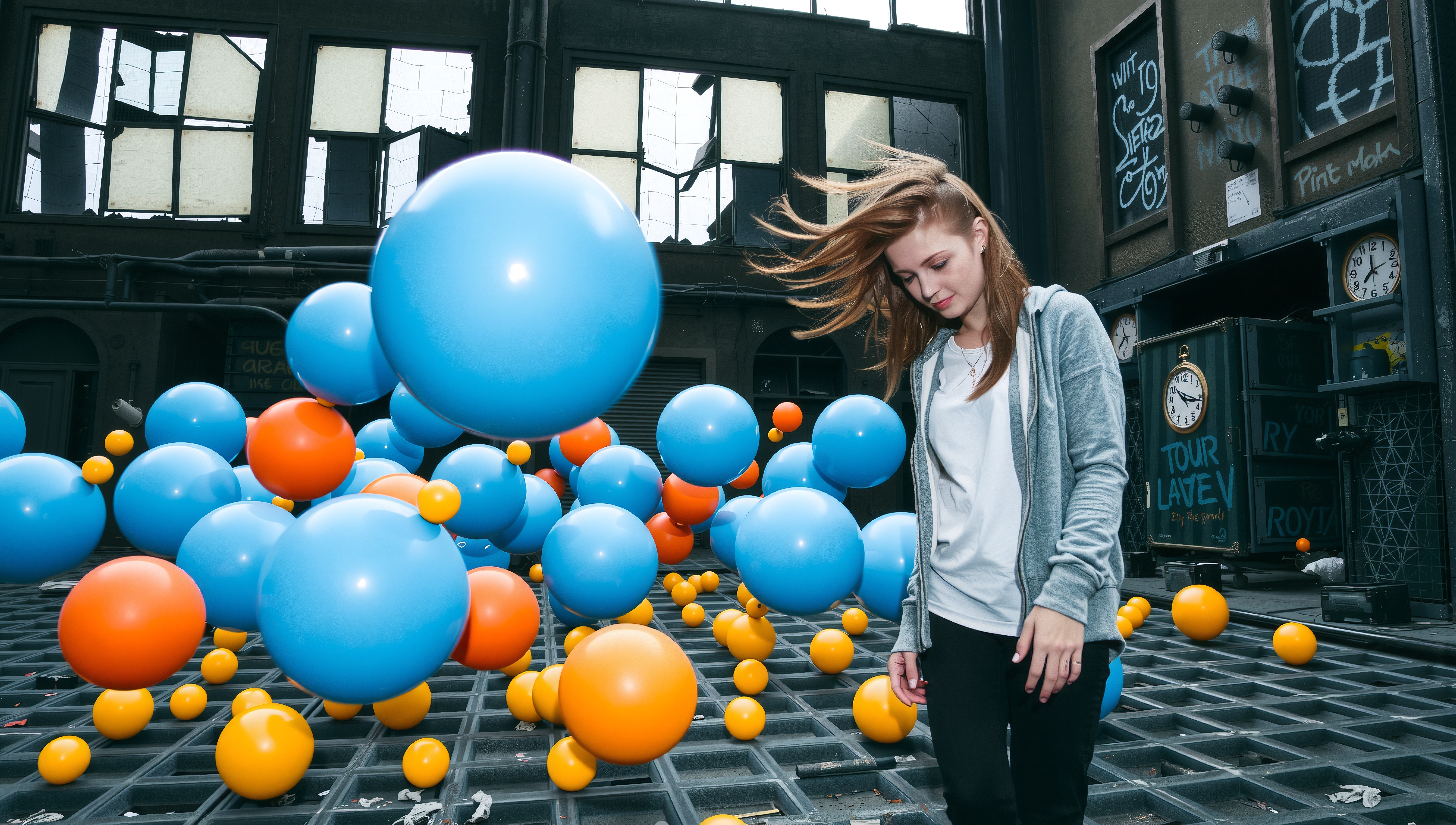 An urban scene with a young woman surrounded by vibrant blue, orange, and yellow balloons against a graffiti-covered backdrop.