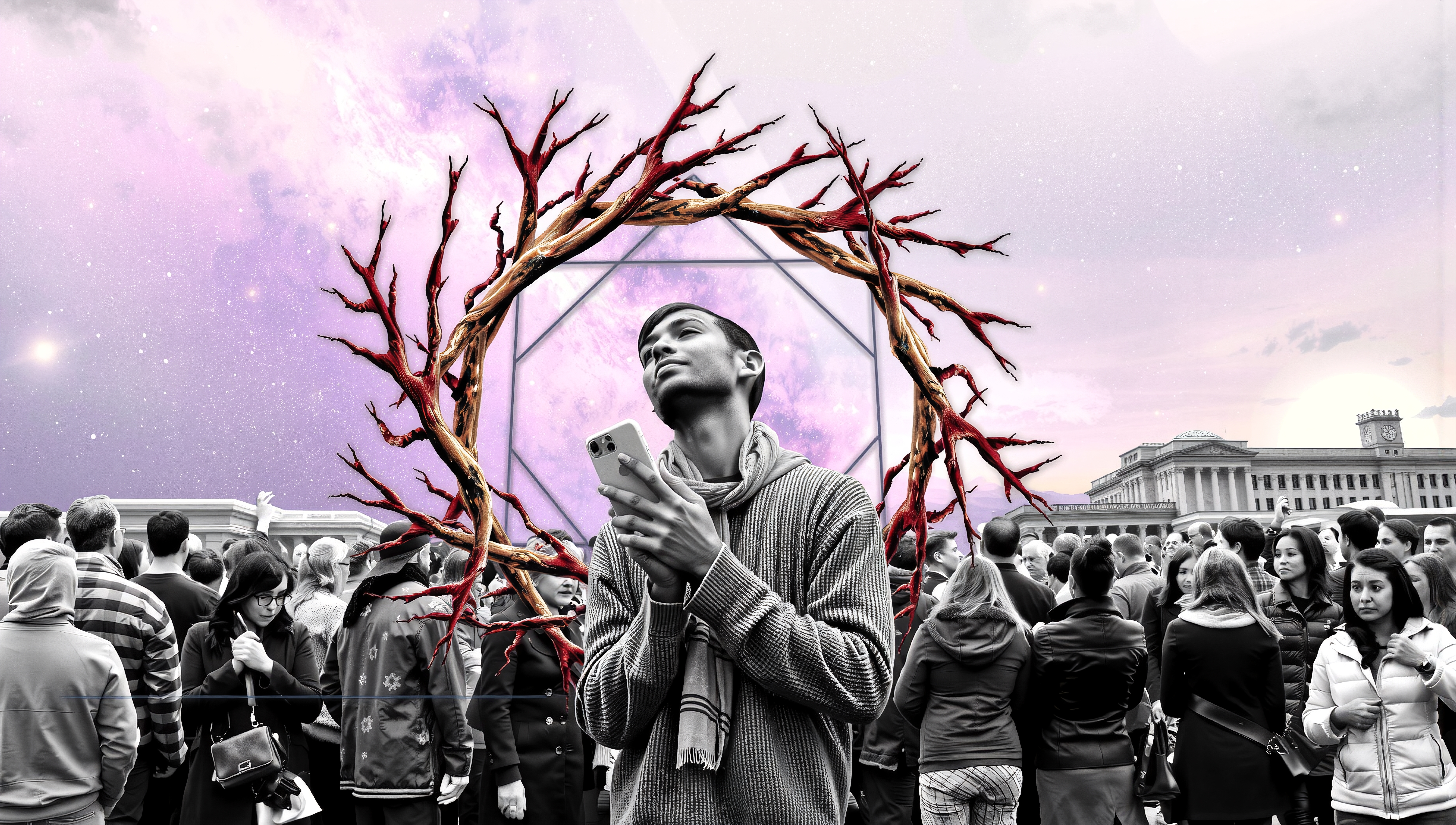 Artistic rendition of a man surrounded by a crowd, set against a celestial sky with red branches framing him, expressing solitude and introspection.
