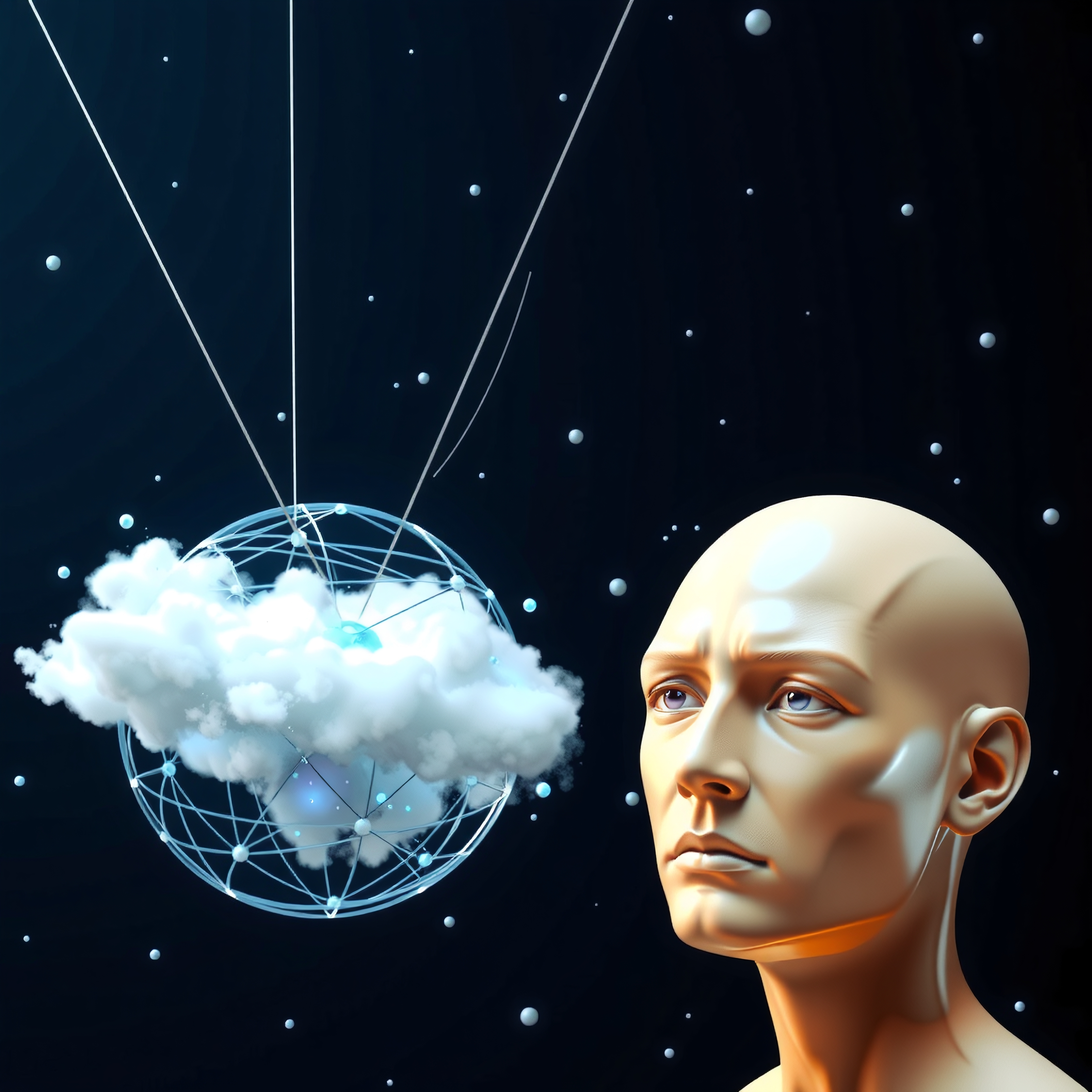 A contemplative humanoid gazes at digital cloud in a futuristic, networked space.