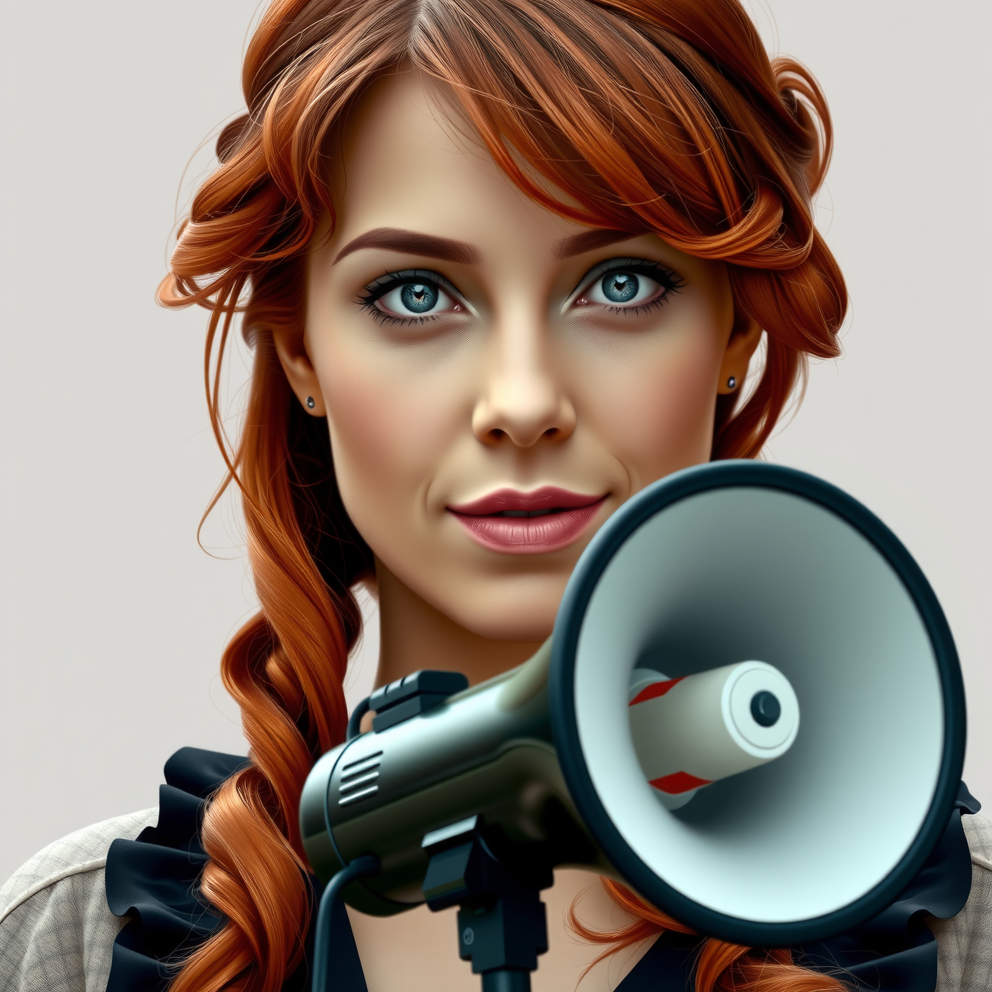 Woman with red hair holding megaphone, exemplifying confidence and communication.