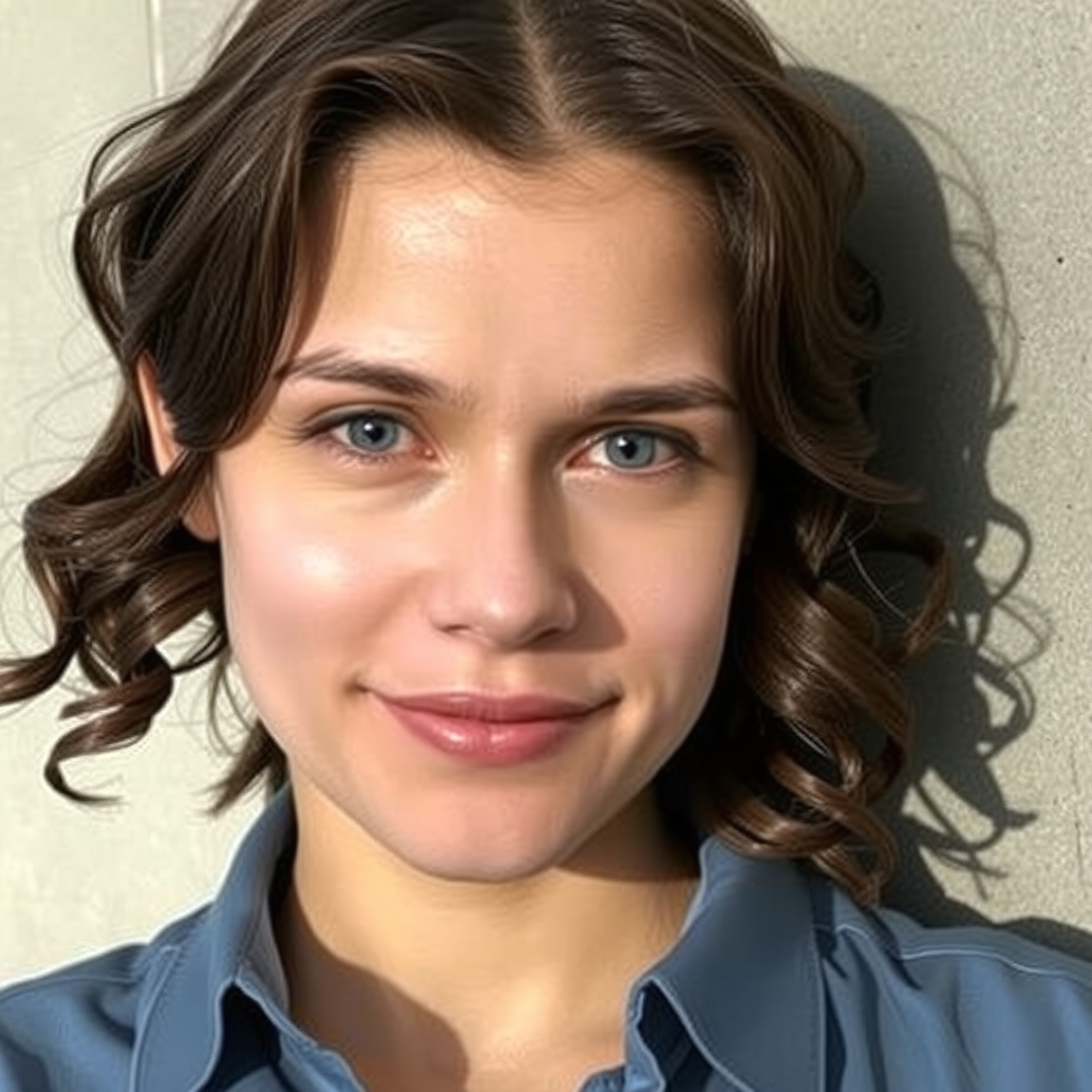 Portrait of a smiling woman with blue eyes and wavy brown hair, wearing a light blue blouse against a light wall.