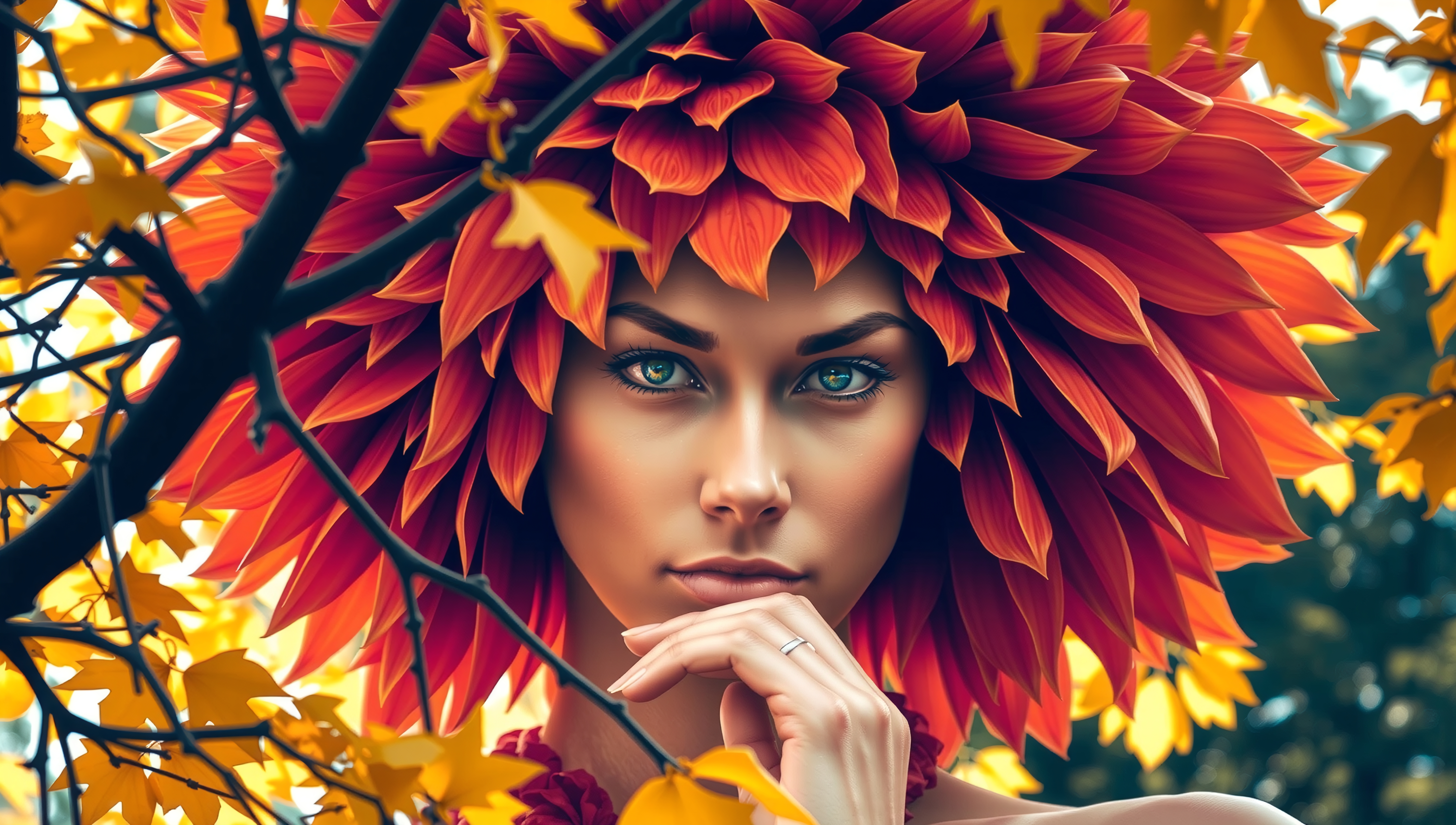 A captivating woman wearing a flower-like headdress amidst vibrant autumn leaves.