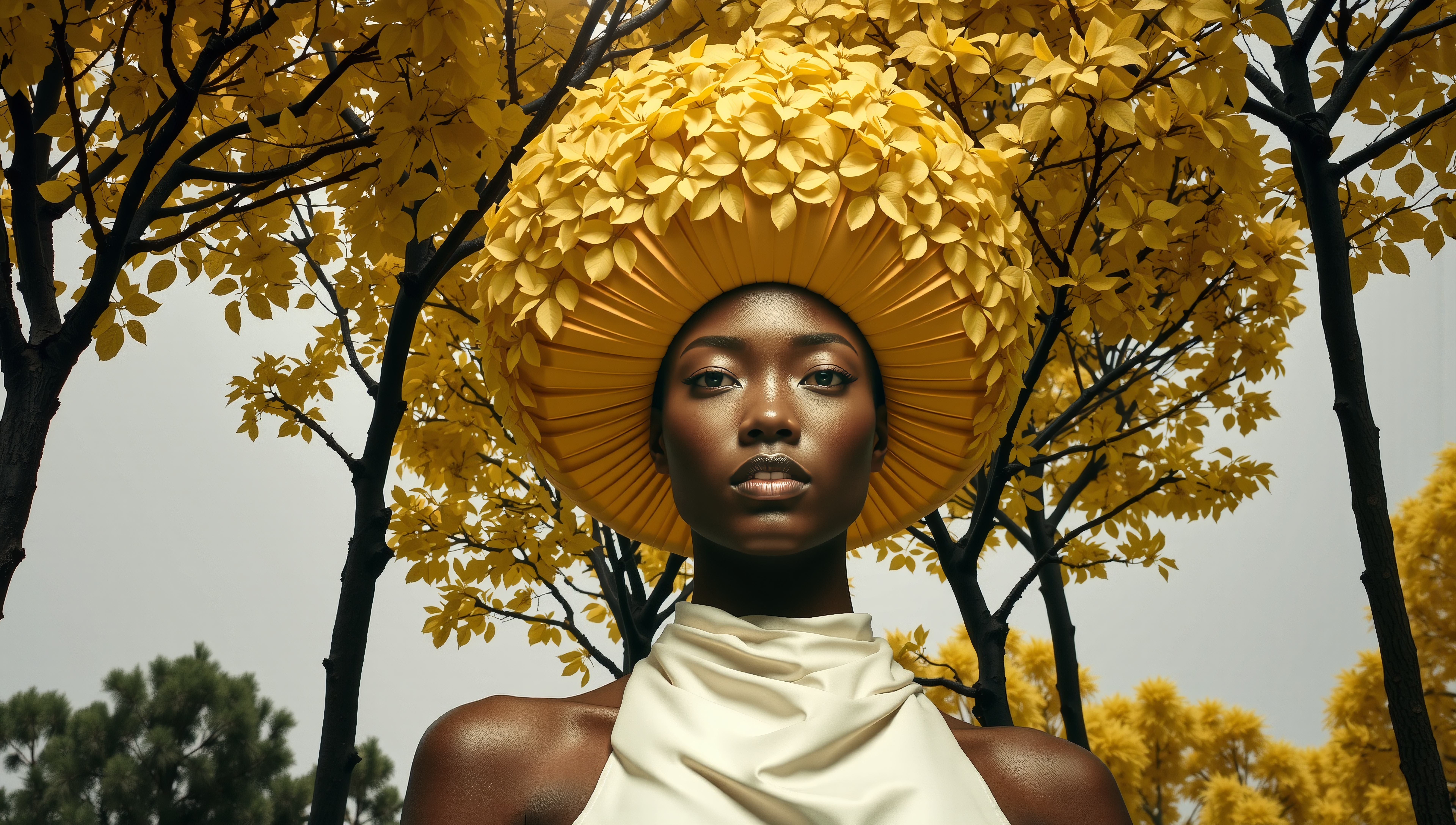 A person in a yellow headpiece stands under vibrant yellow leaves, exuding elegance and harmony.