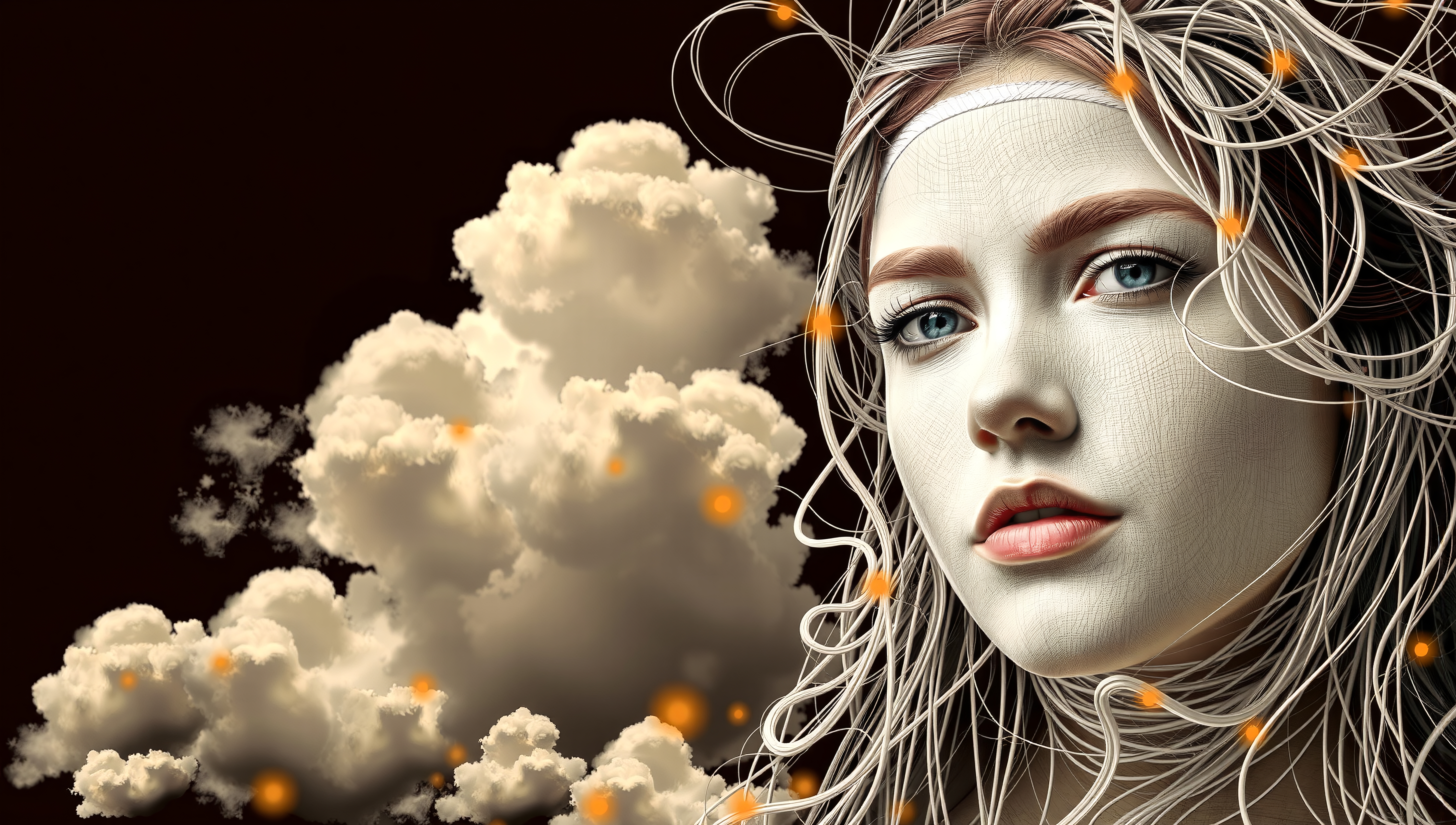 Beautiful digital artwork of a serene woman surrounded by floating clouds and glowing particles