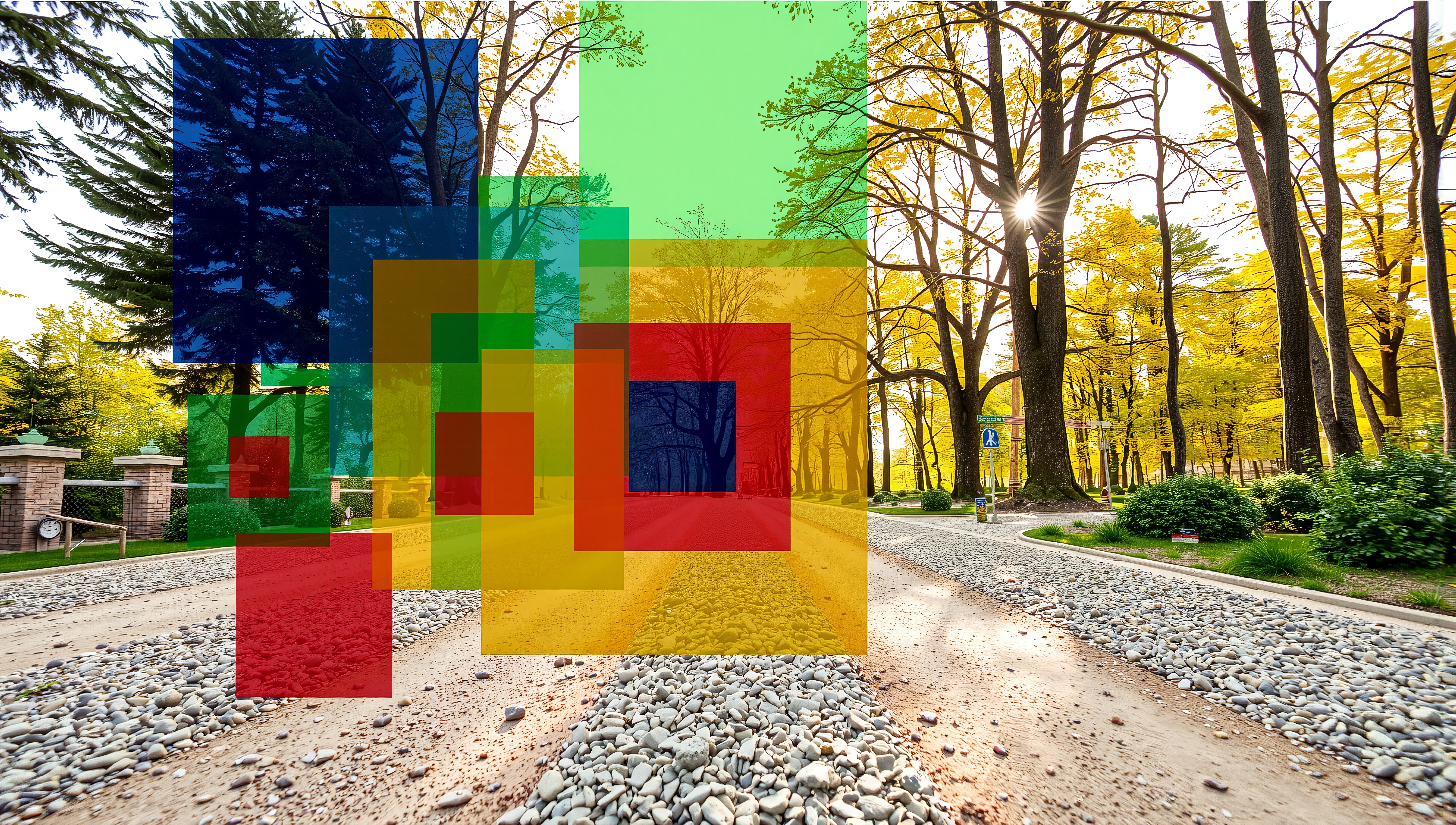 A scenic park pathway with multicolored geometric overlays amidst vibrant trees.