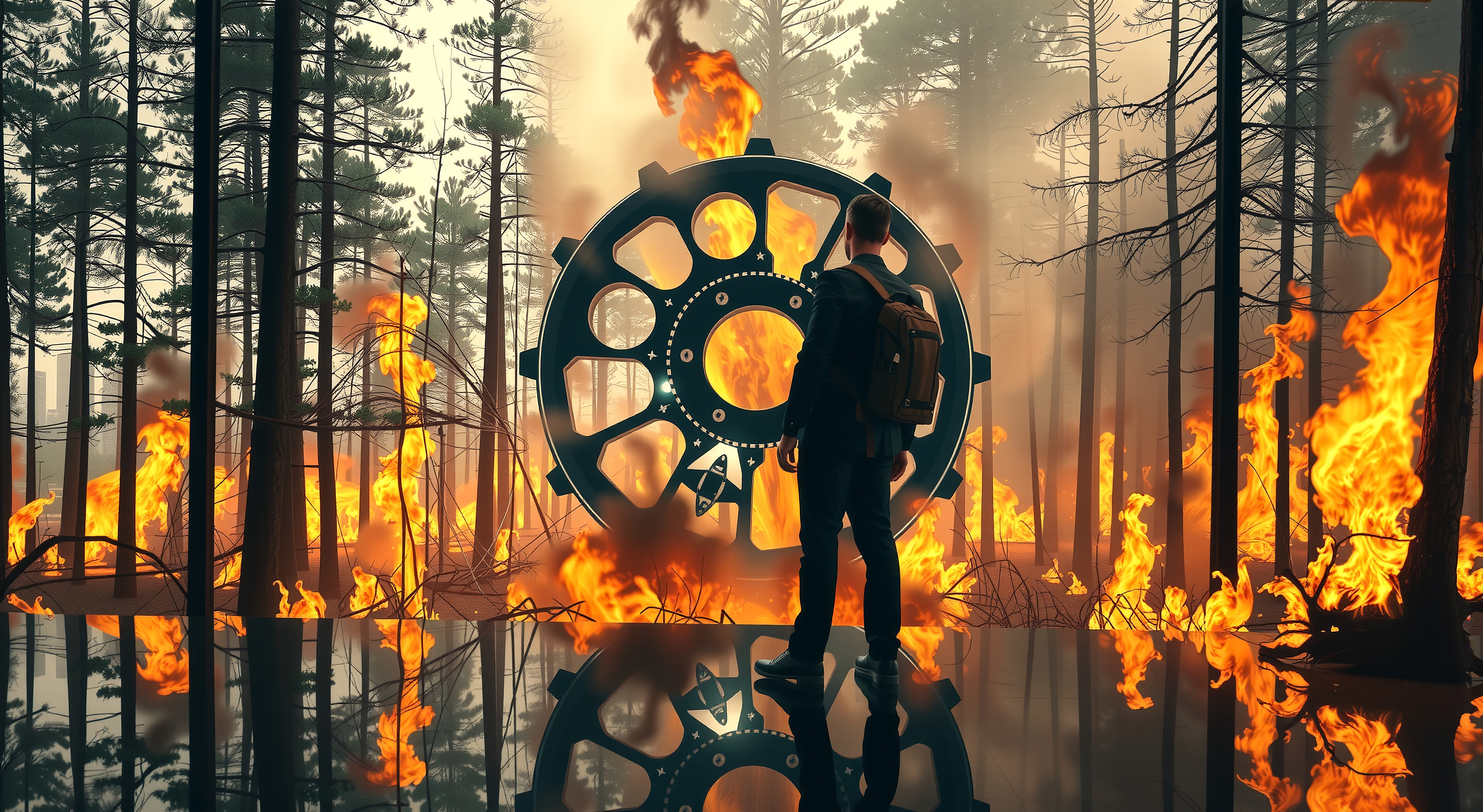 A man with a backpack confronts a giant gear amidst vivid forest flames.