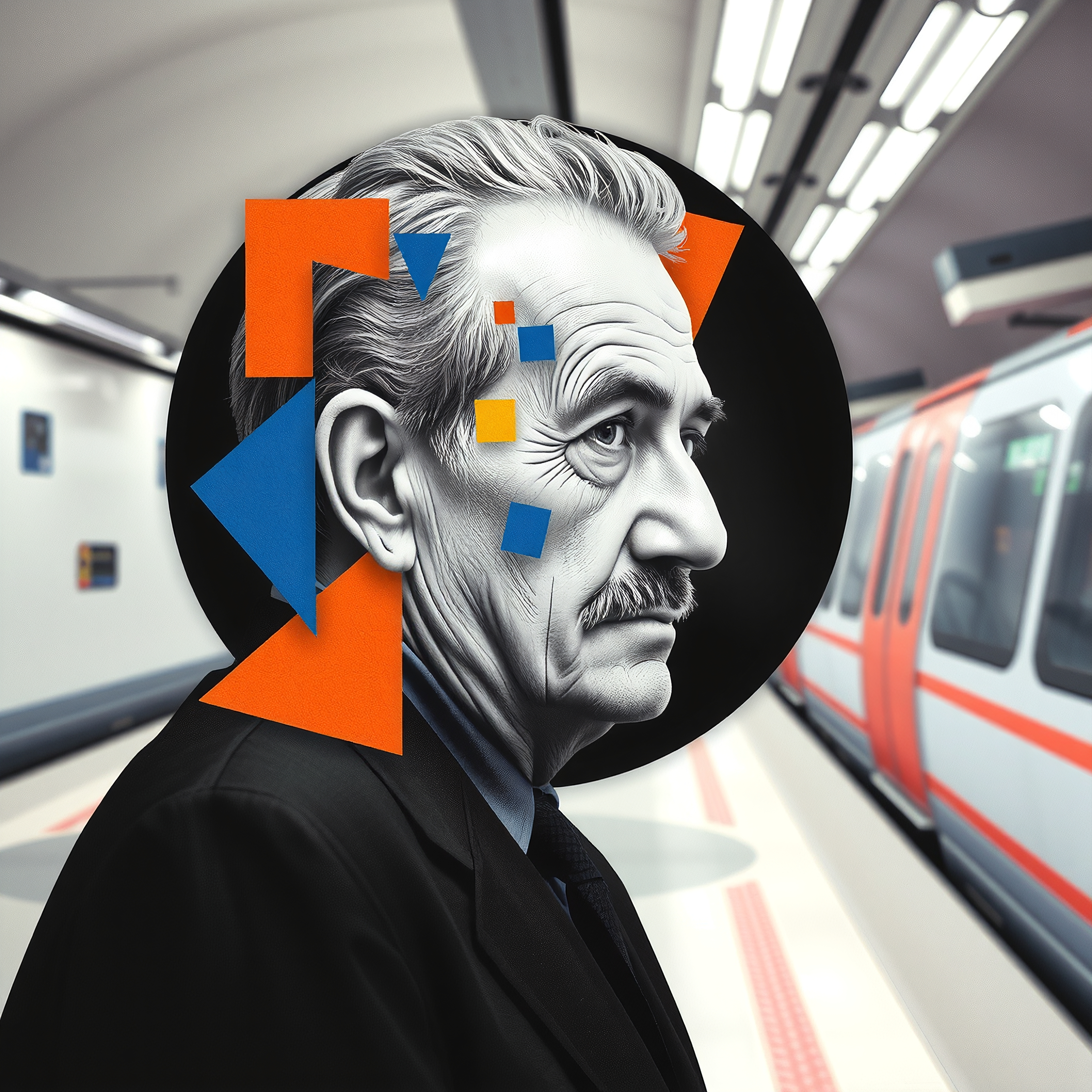 A distinguished man in a subway station with geometric art overlay.