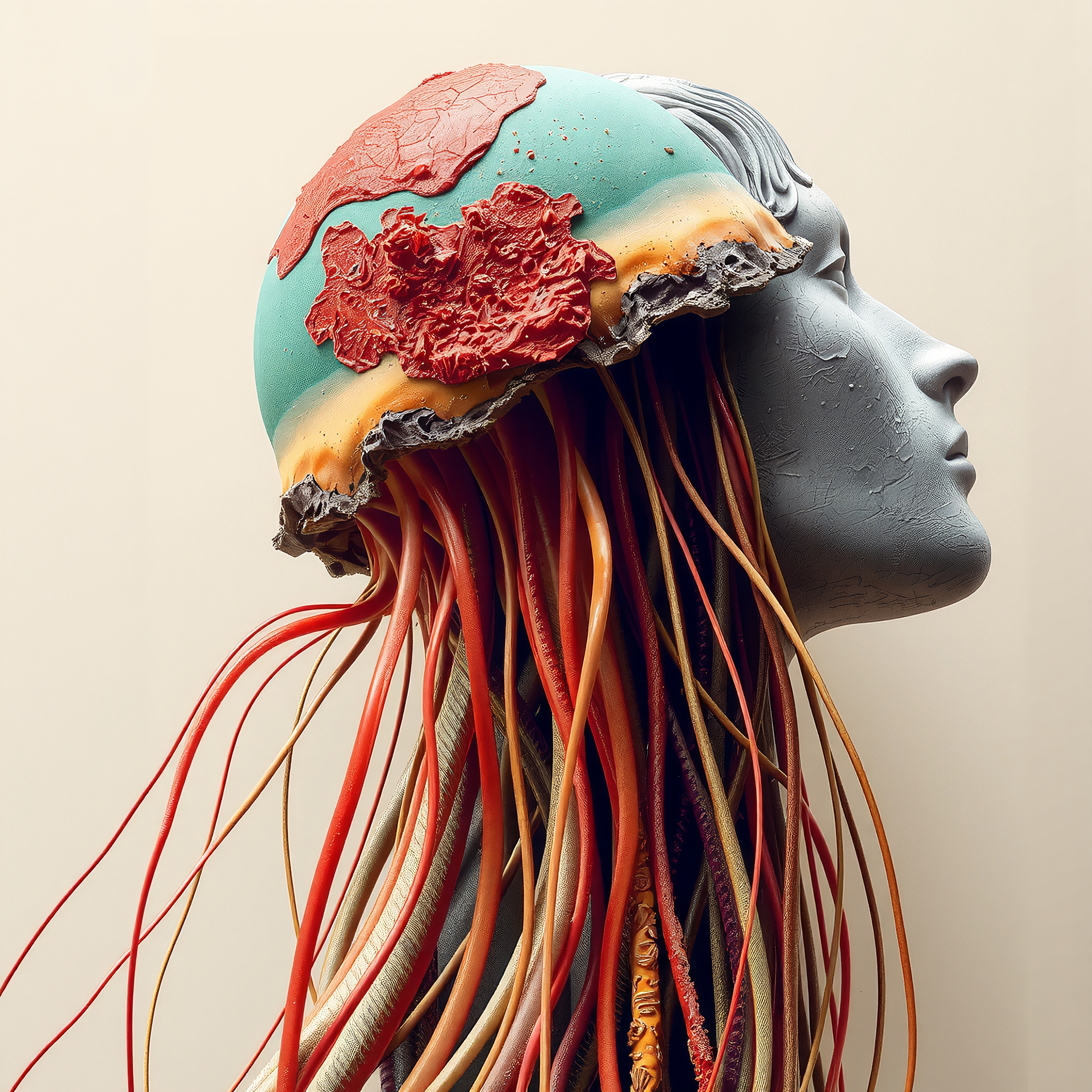 A surreal sculpture blending human and marine elements with colorful tendrils.