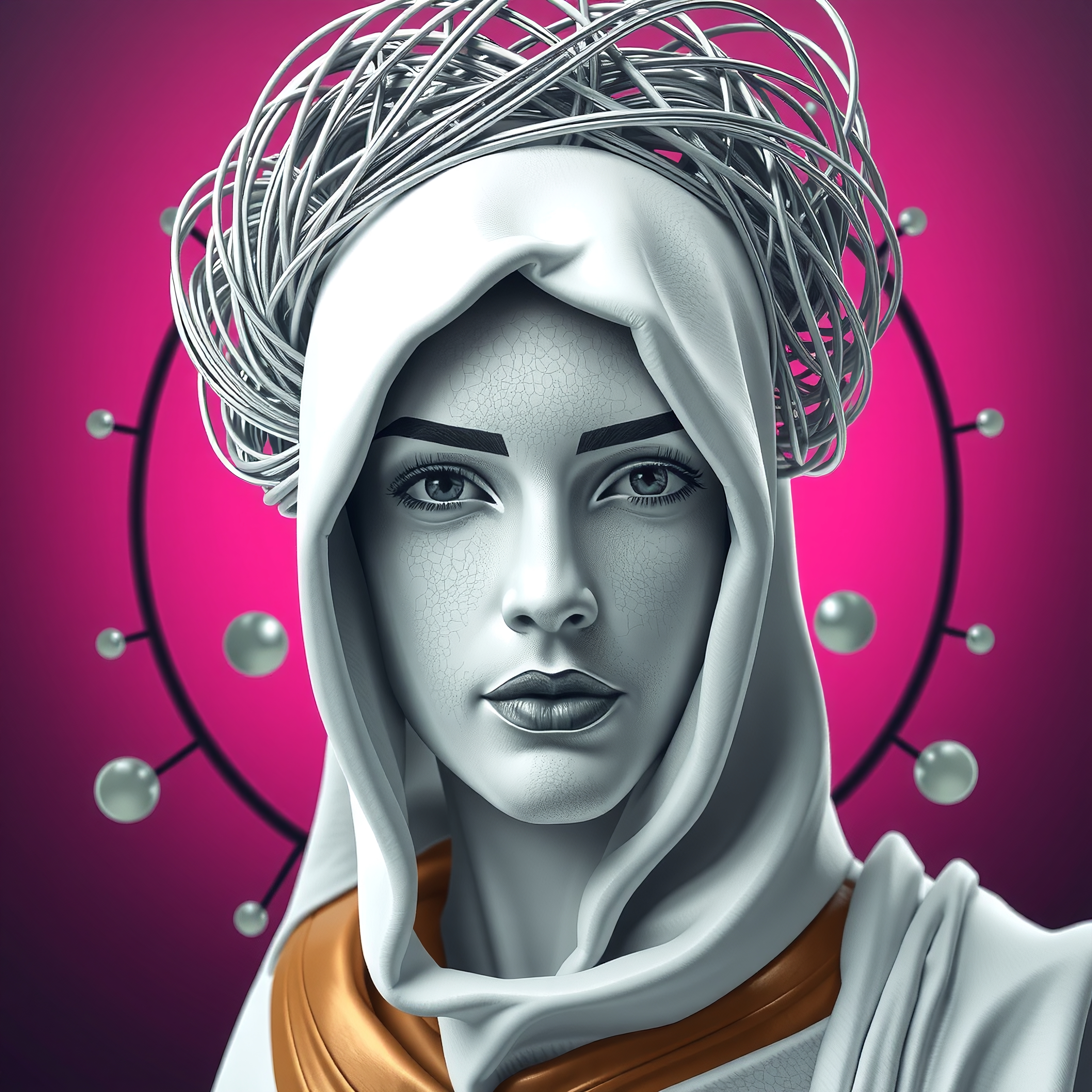Futuristic portrait with metallic textures and ethereal elements against a pink background.