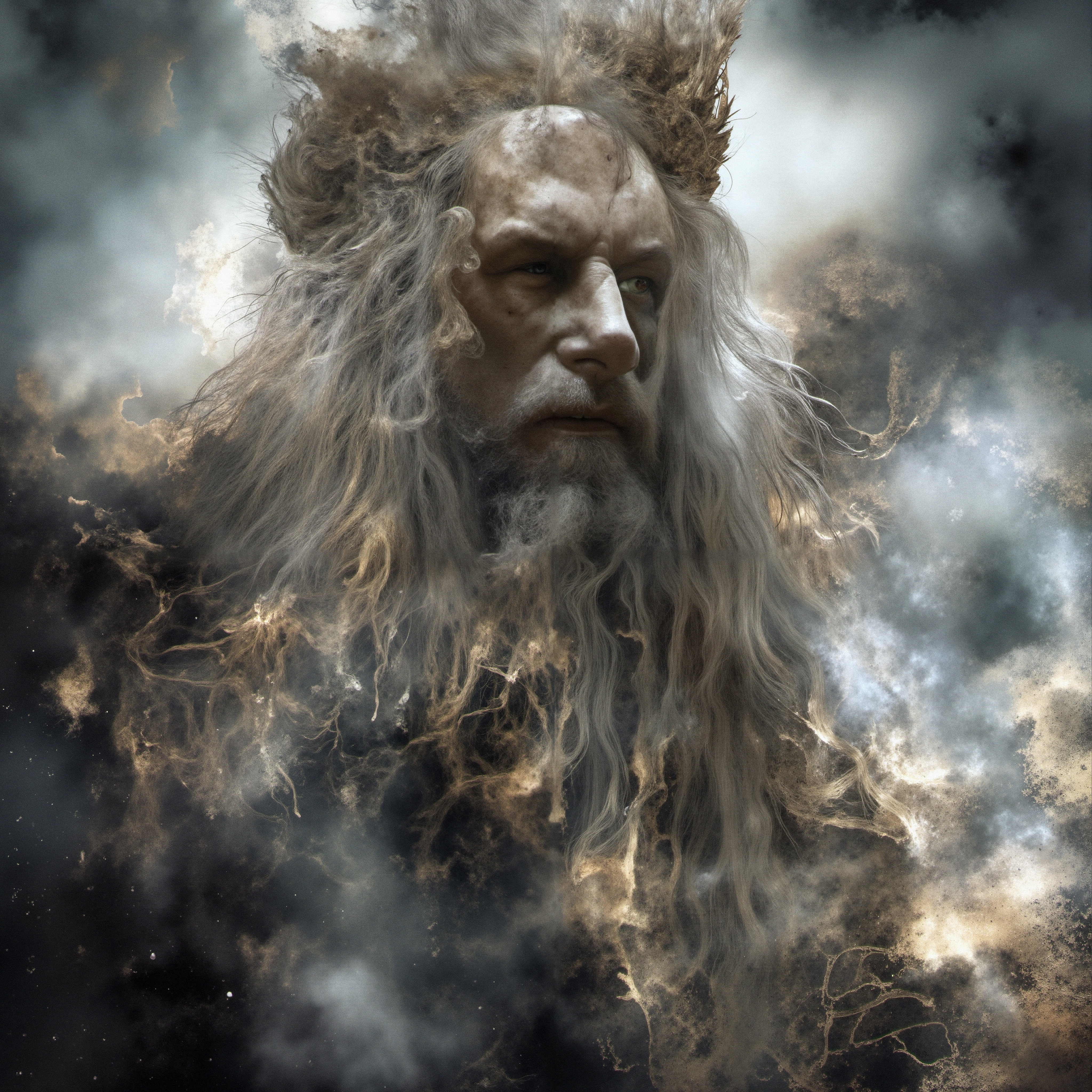 A mystical figure with flowing hair blends into cosmic clouds, creating an ethereal and mysterious atmosphere.