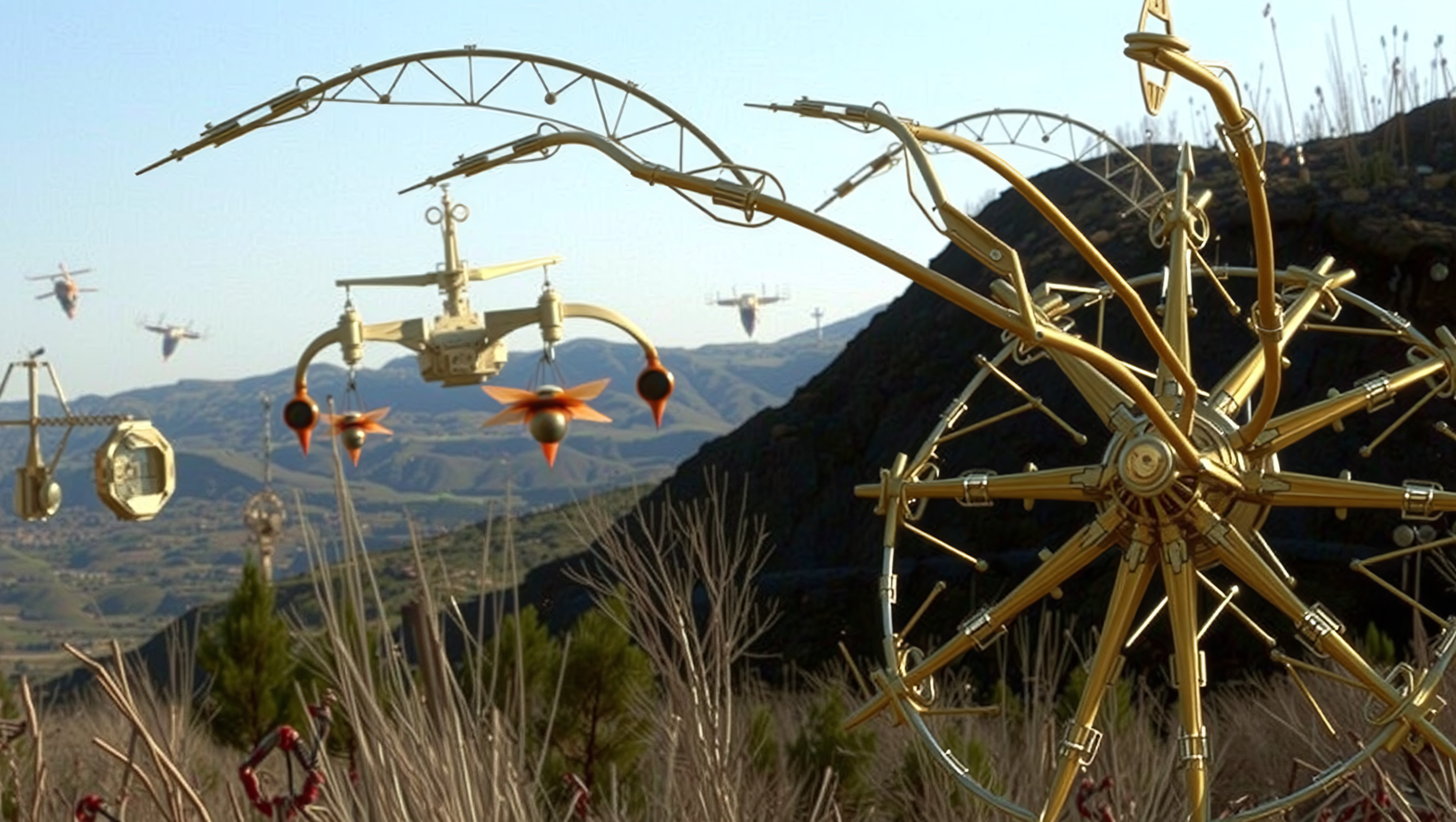 Surreal landscape with futuristic mechanical drones hovering over hills.