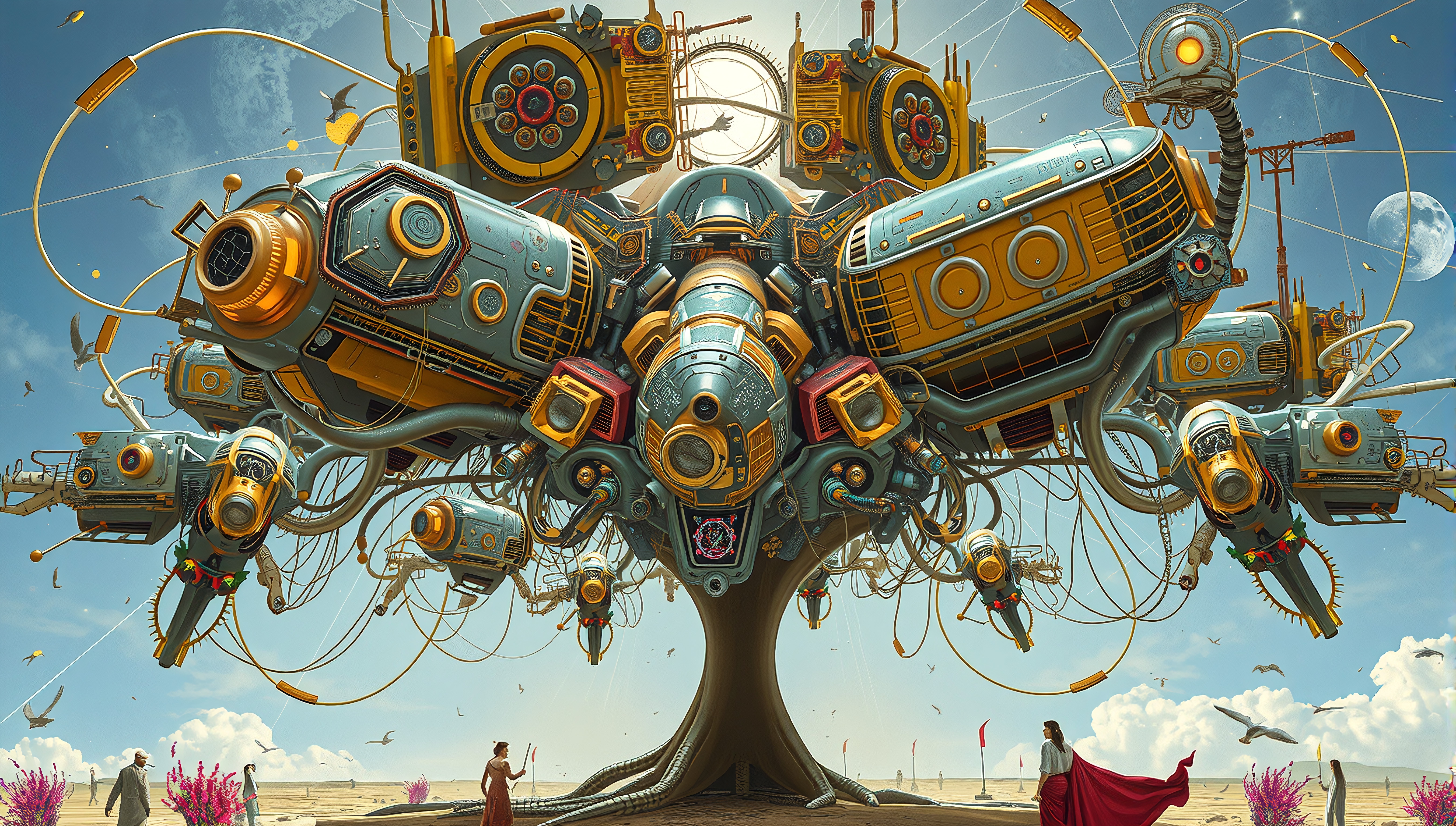 A futuristic mechanical tree in a desert landscape with people.