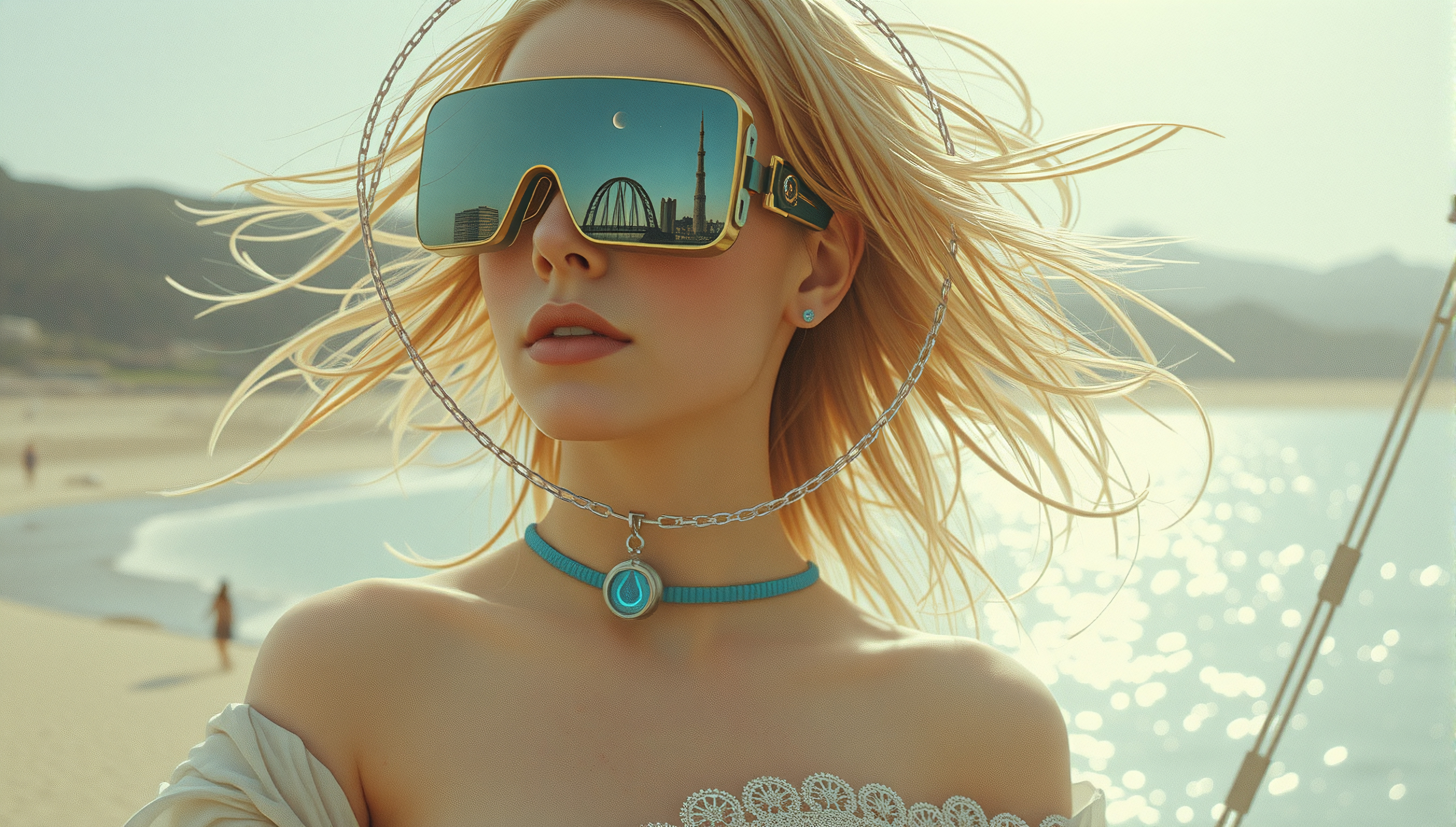 A woman on the beach wears futuristic sunglasses reflecting a city skyline, accessorized with a blue choker against a serene backdrop.