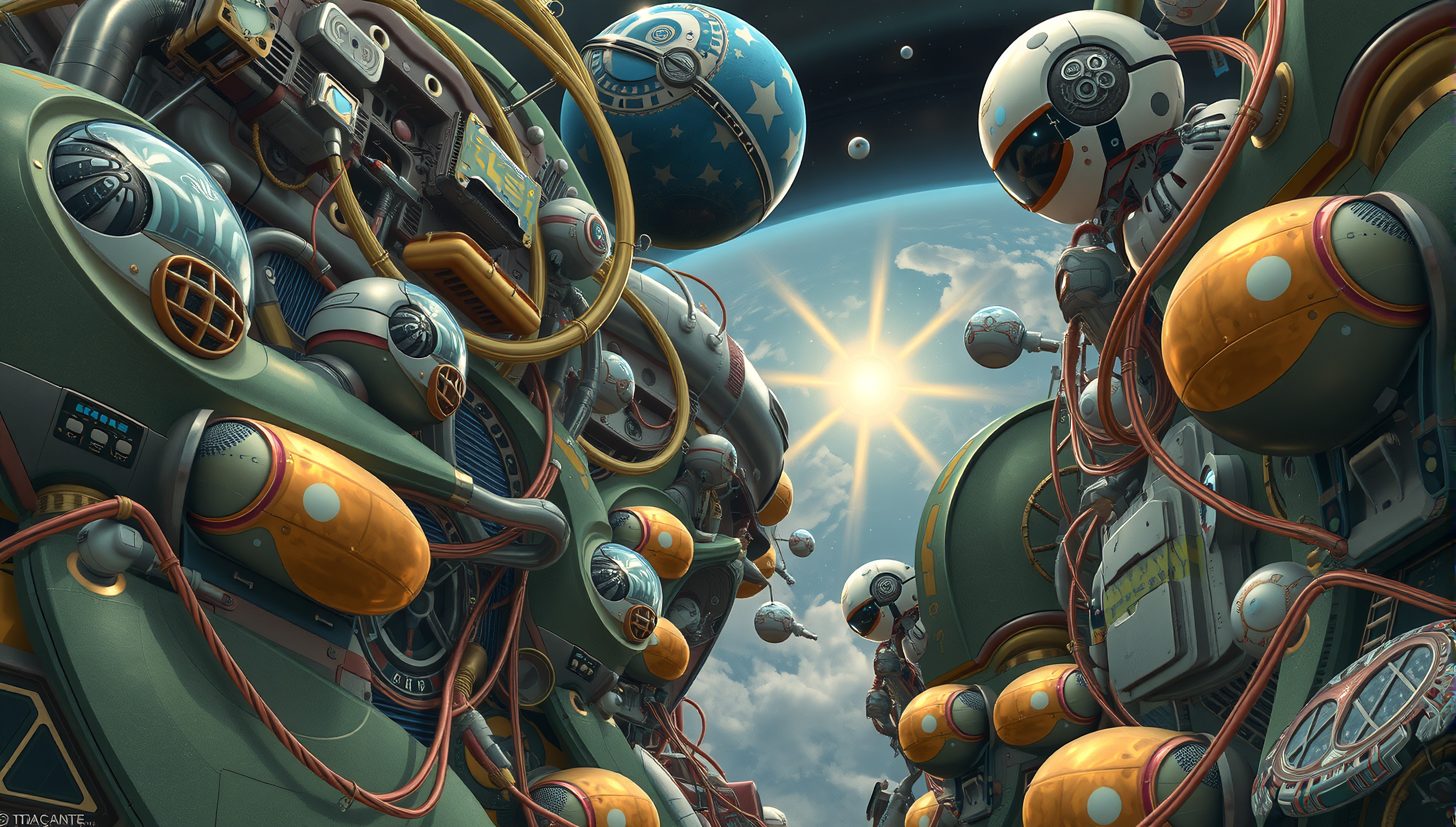 Orbital Space Station with Robotic Elements and Planetary View