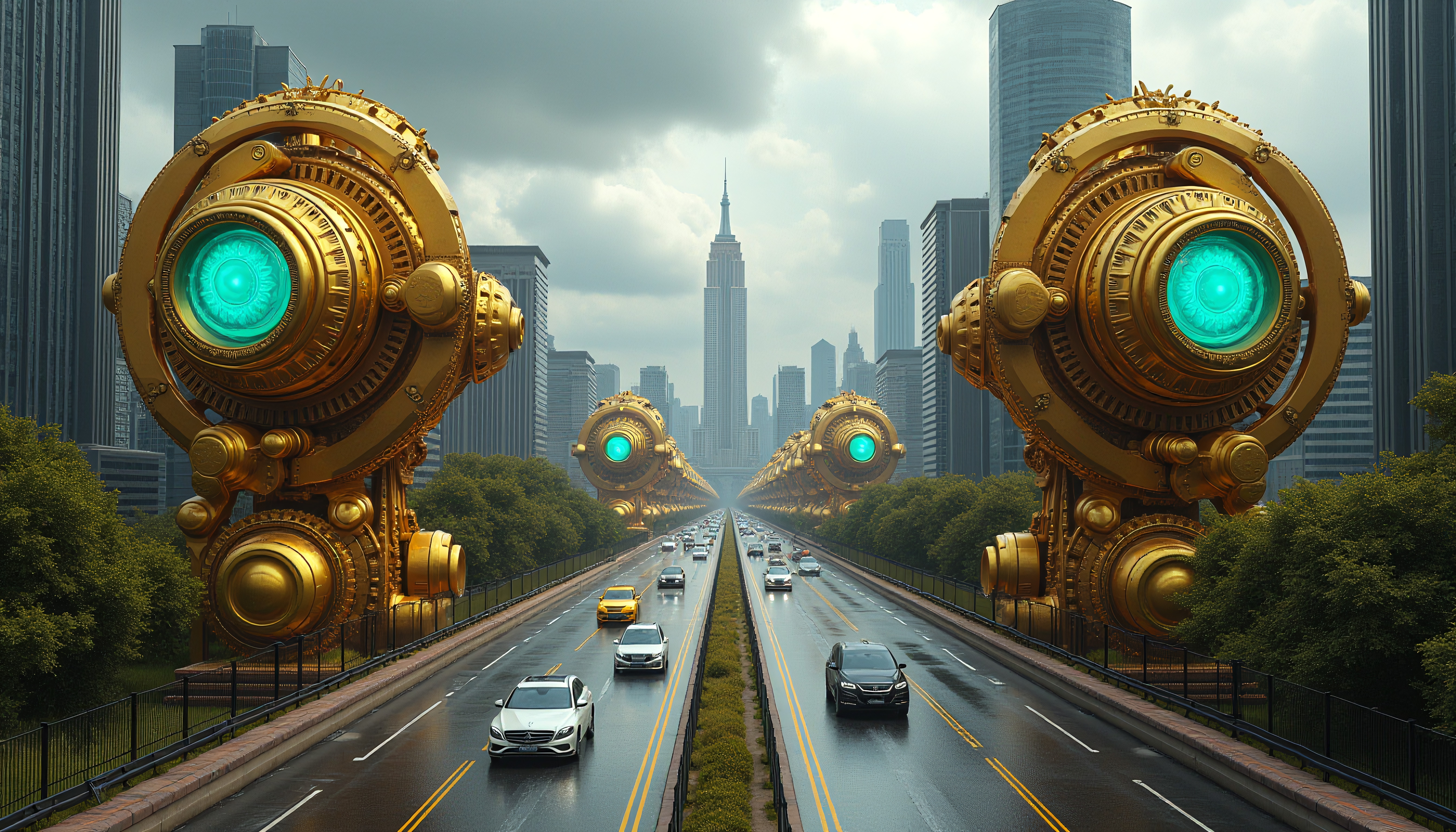 Futuristic cityscape with golden machines lining a busy urban highway under a cloudy sky.