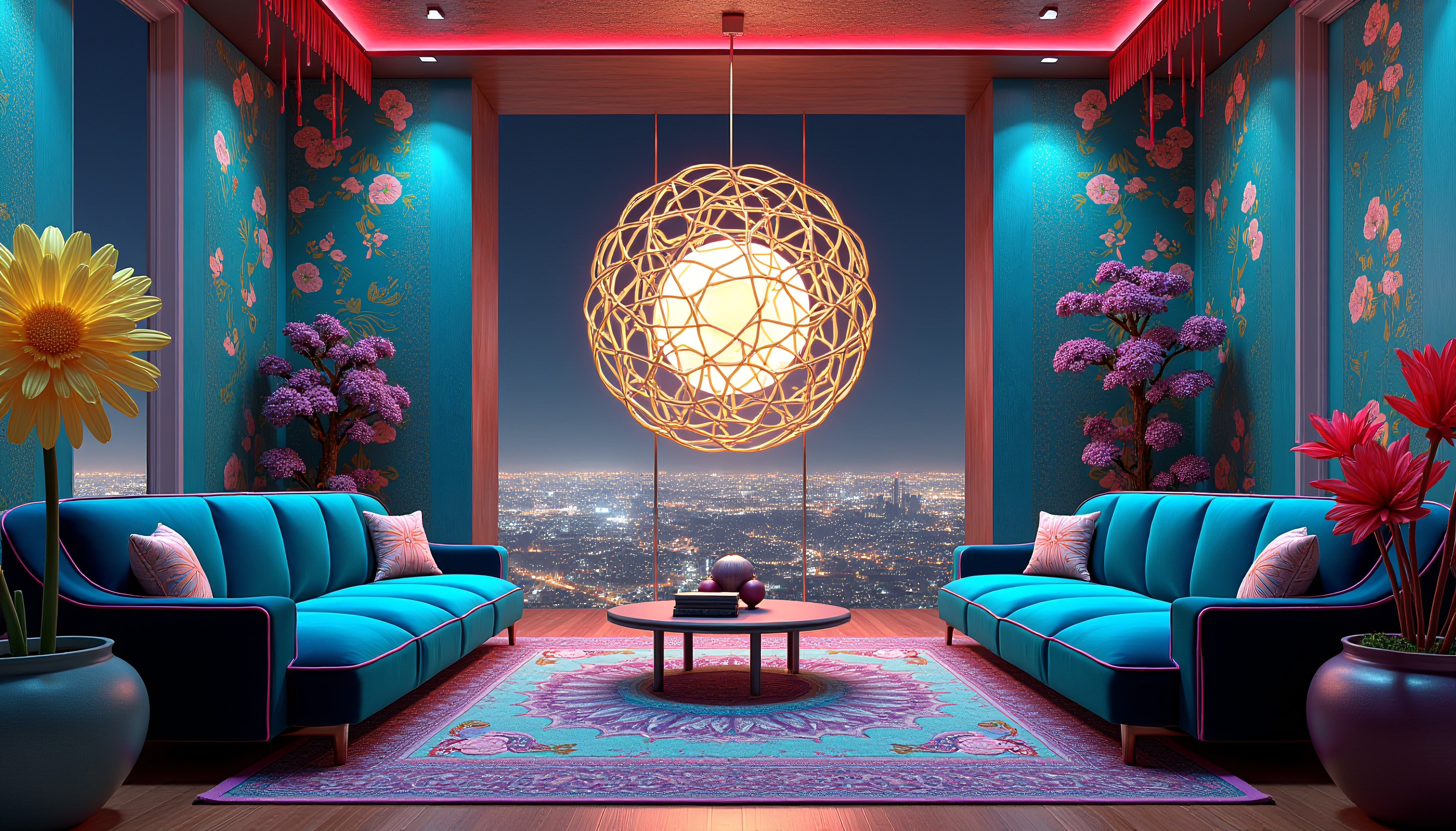 Luxurious living room with colorful turquoise sofas, intricate pendant light, floral wallpaper, potted plants, and a stunning cityscape view.