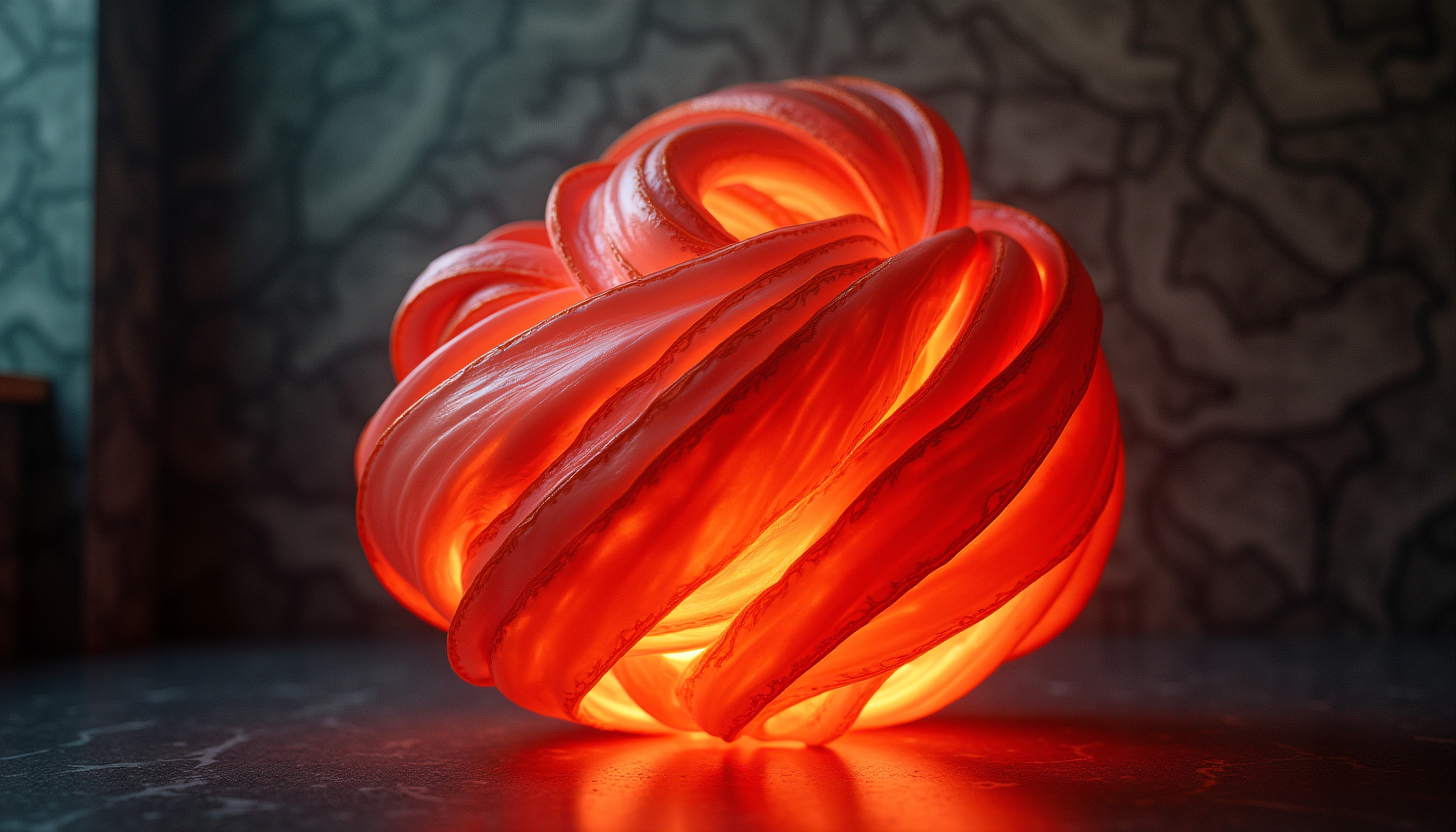 Glowing orange sculpture on dark surface background.