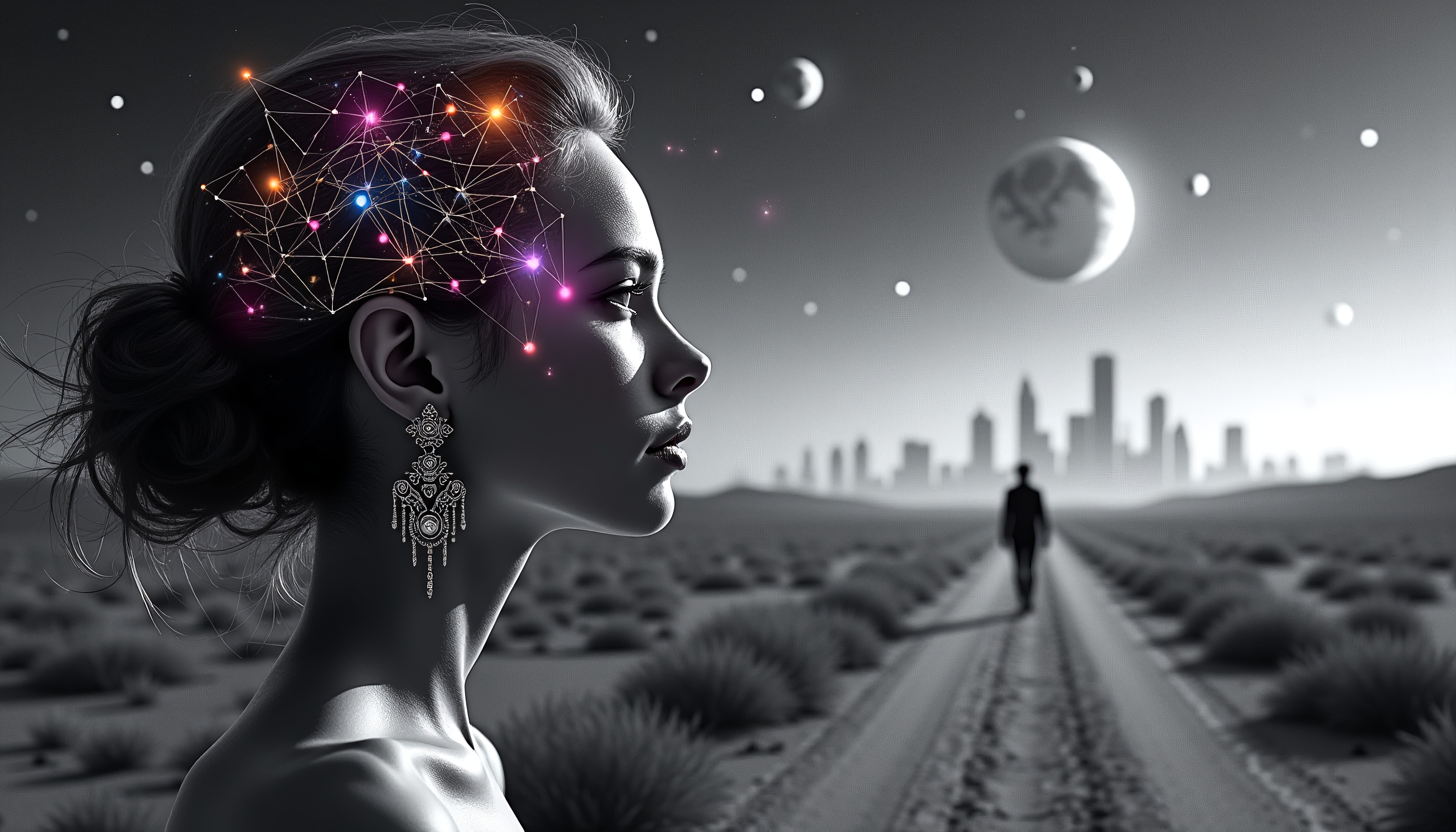 A woman with glowing neural network in the desert with celestial sky.