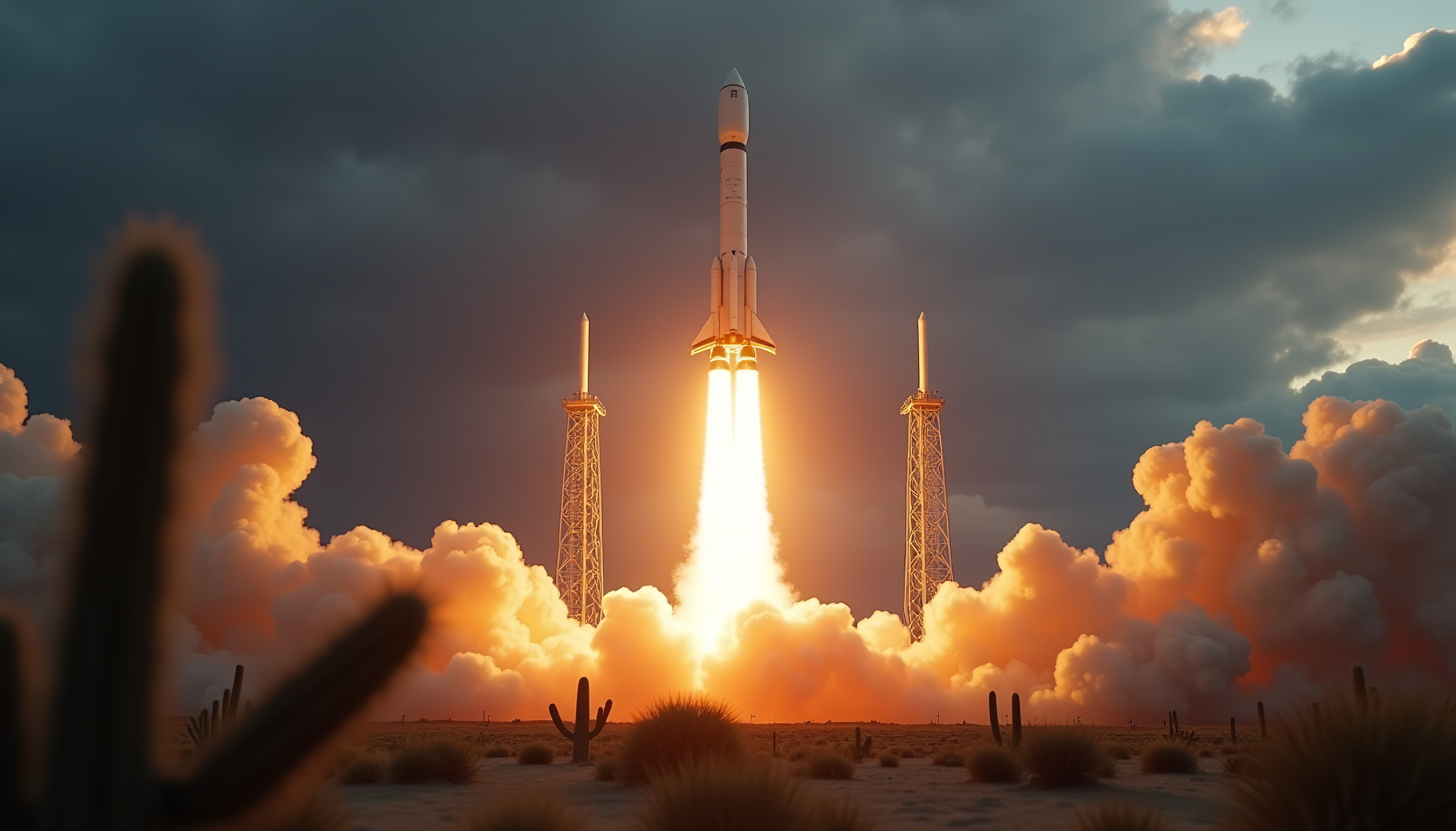 Rocket Ignition Desert DawnSpace rocket launching from desert during fiery sunset with towering support structures and glowing exhaust plume