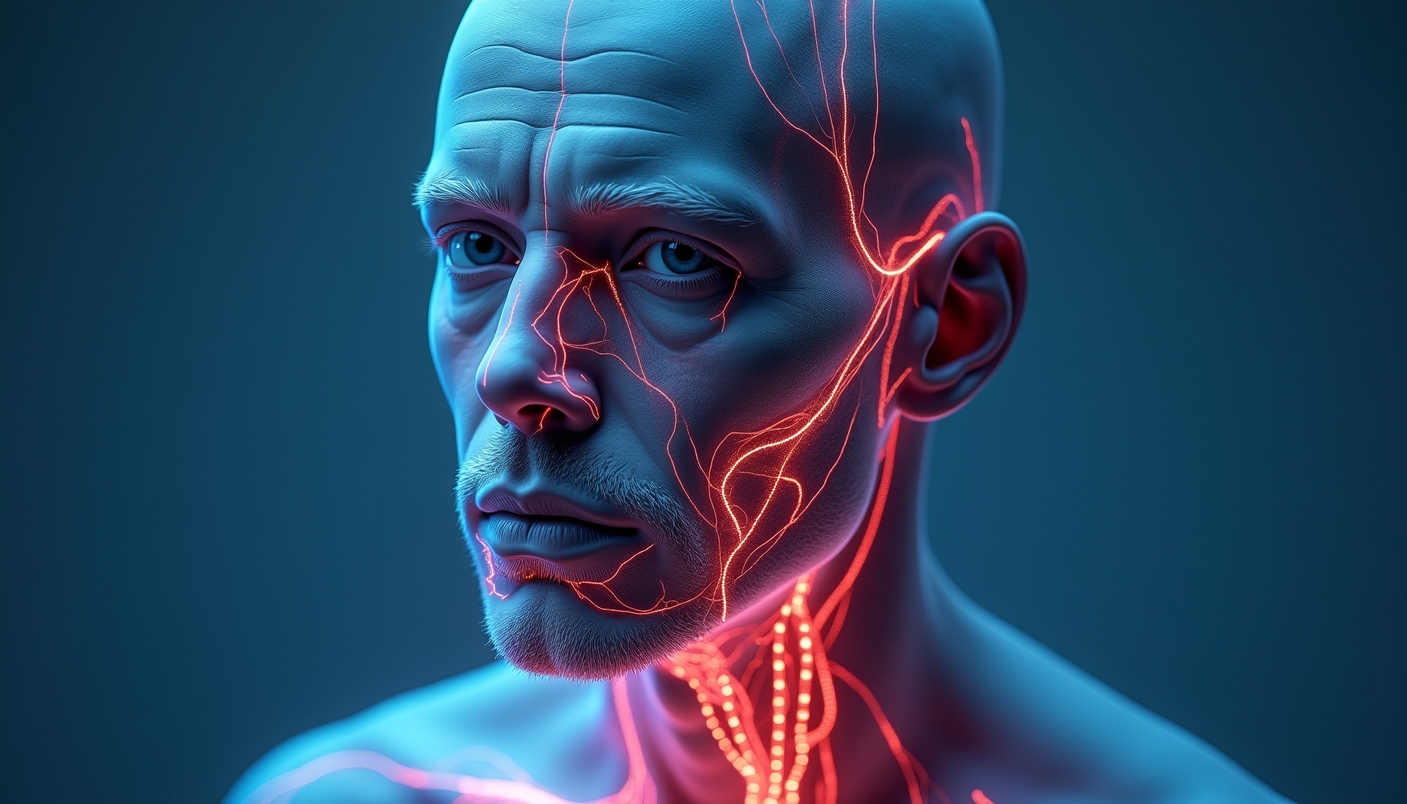 A digital depiction of a human face with glowing red veins against a blue background.