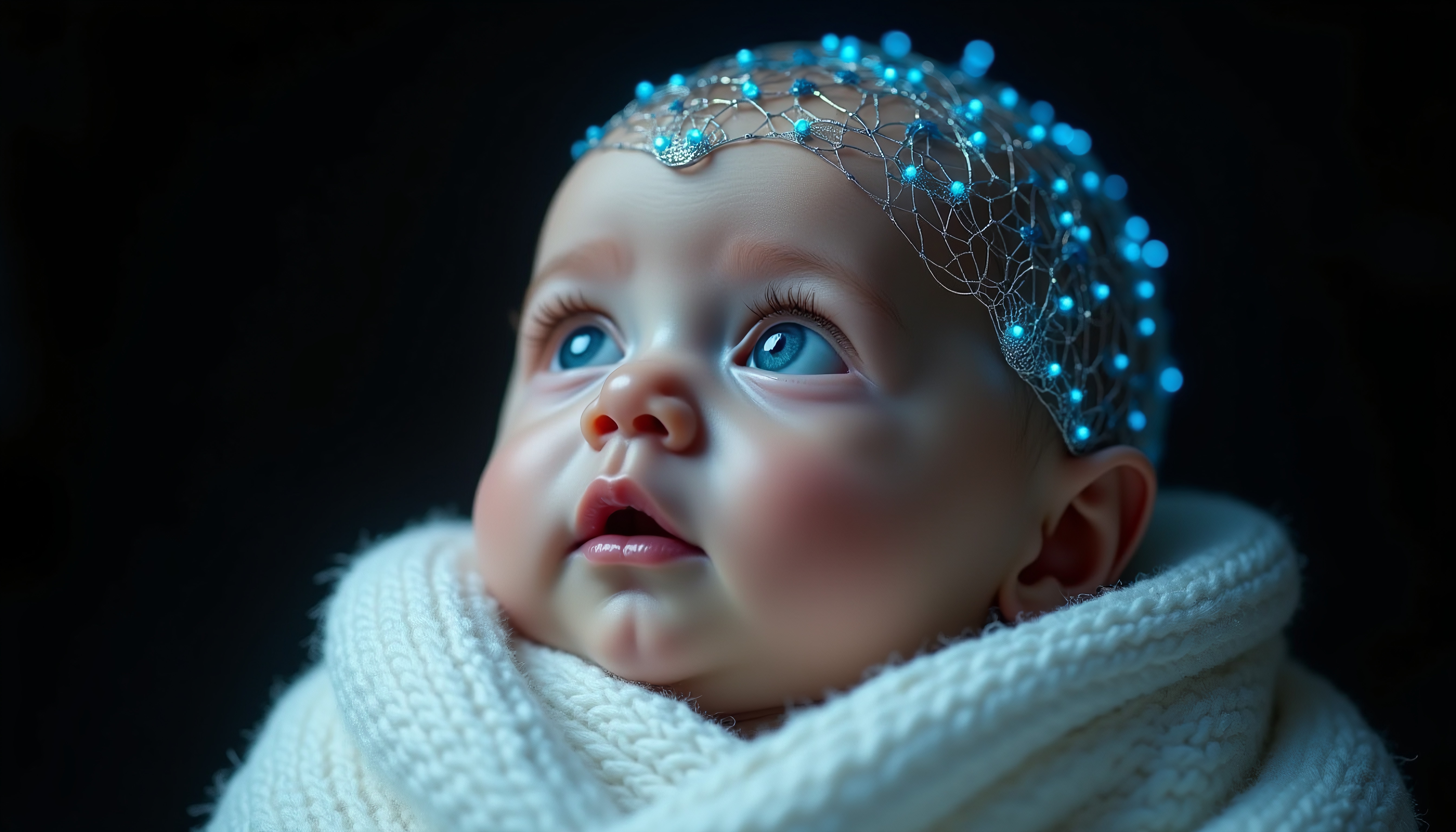 Close-up portrait of baby wearing glowing neon headpiece.
