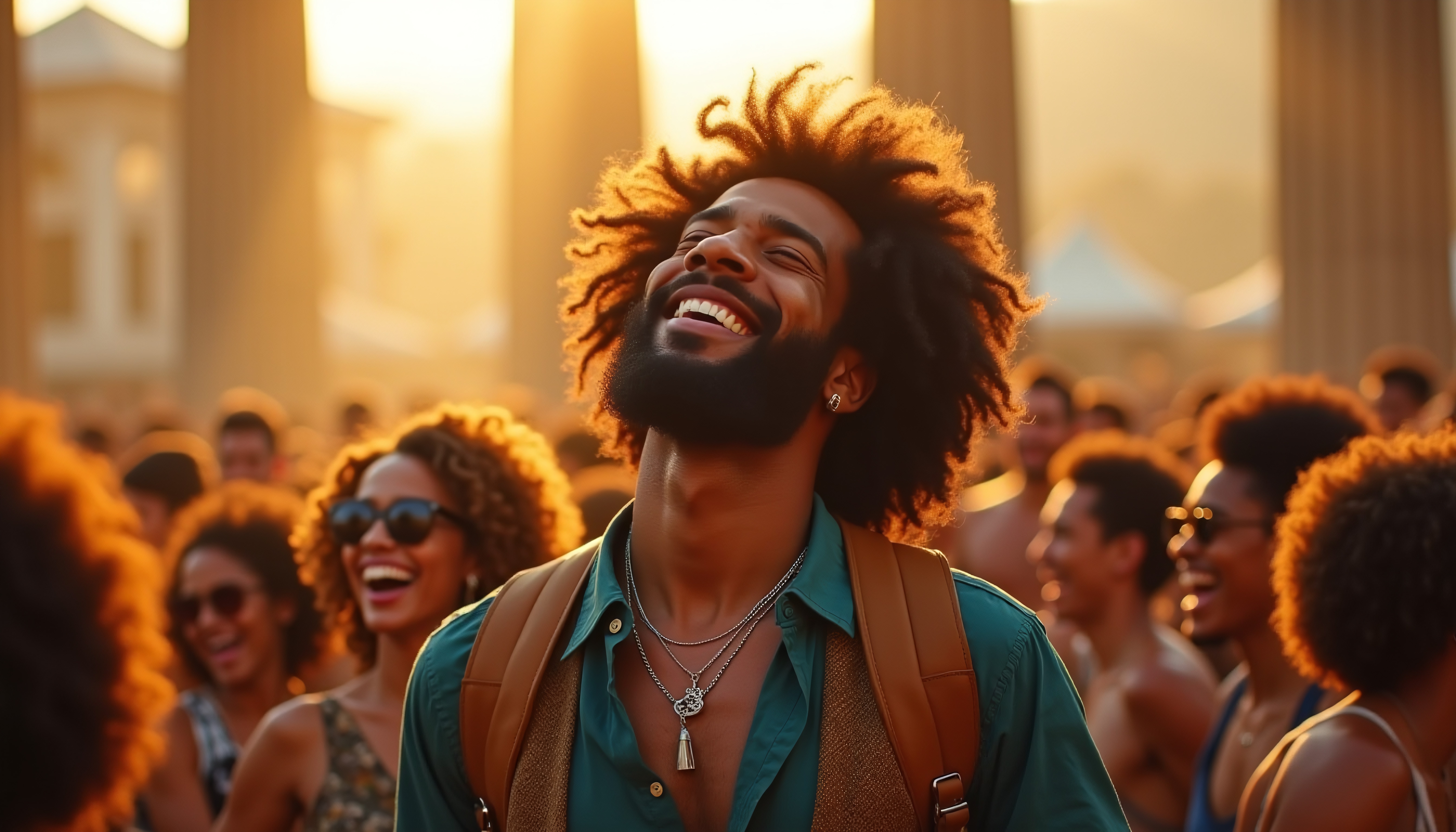 A man with an afro and a backpack smiles joyfully amidst a sunlit festival crowd.