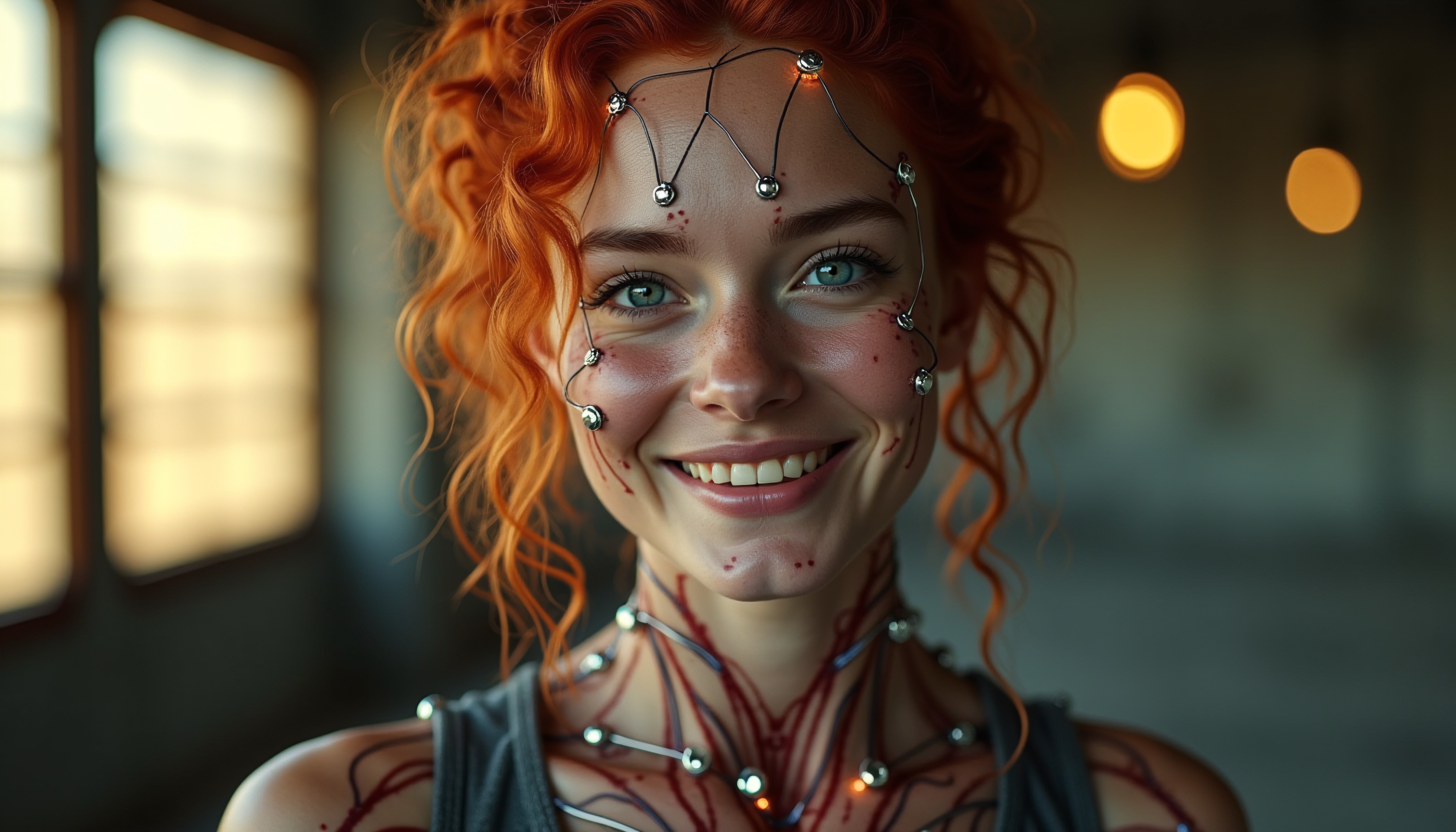 A young woman with futuristic metallic adornments and vibrant red hair smiles warmly in soft lighting.